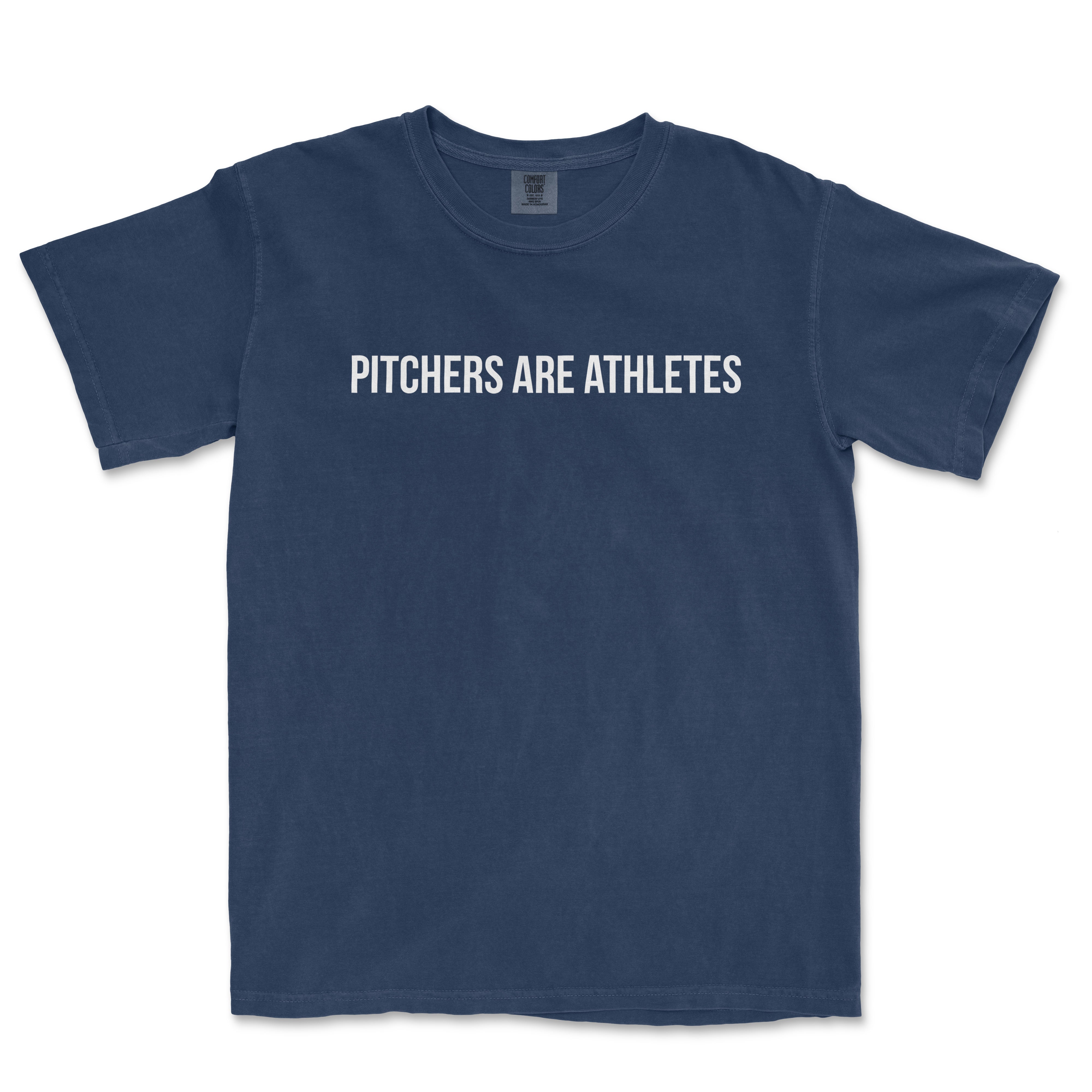 Navy blue t-shirt featuring the phrase "PITCHERS ARE ATHLETES" in bold white letters.