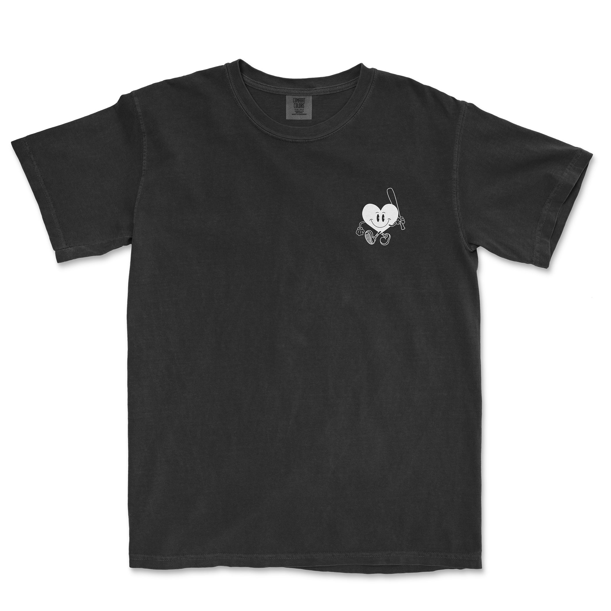 Black Comfort Colors T-shirt with a small, white, cartoon heart character holding a fishing rod on the front left chest area.