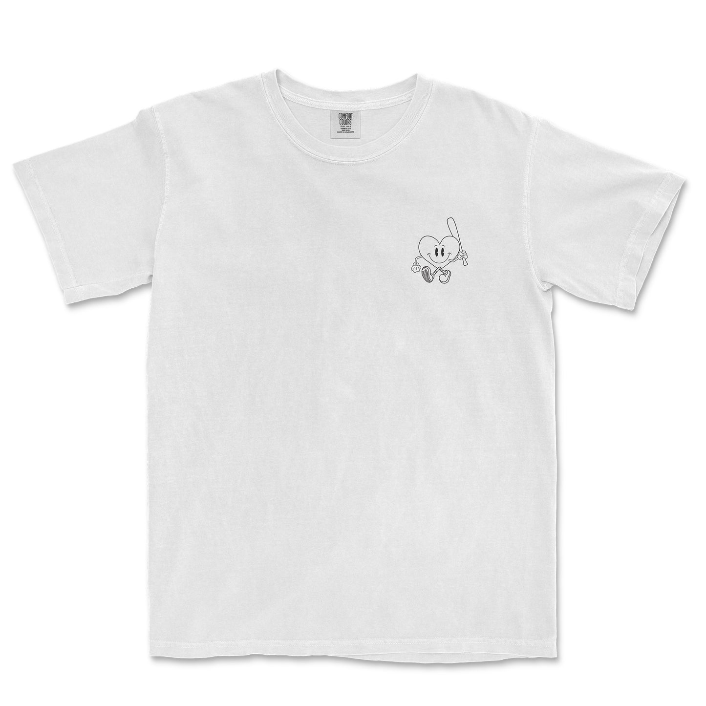 White Comfort Colors tee featuring a small, cartoon-style heart character holding a fishing rod on the chest.