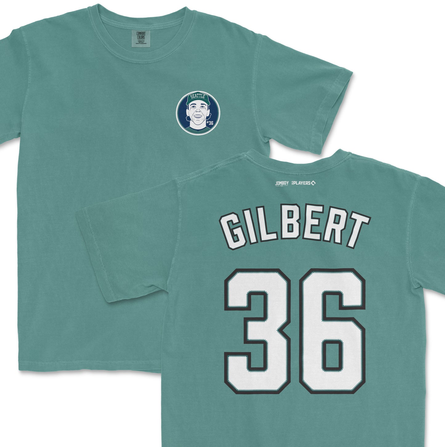 Comfort Colors teal tee featuring a Seattle-themed patch on the front and "GILBERT 36" sports jersey-style print on the back.