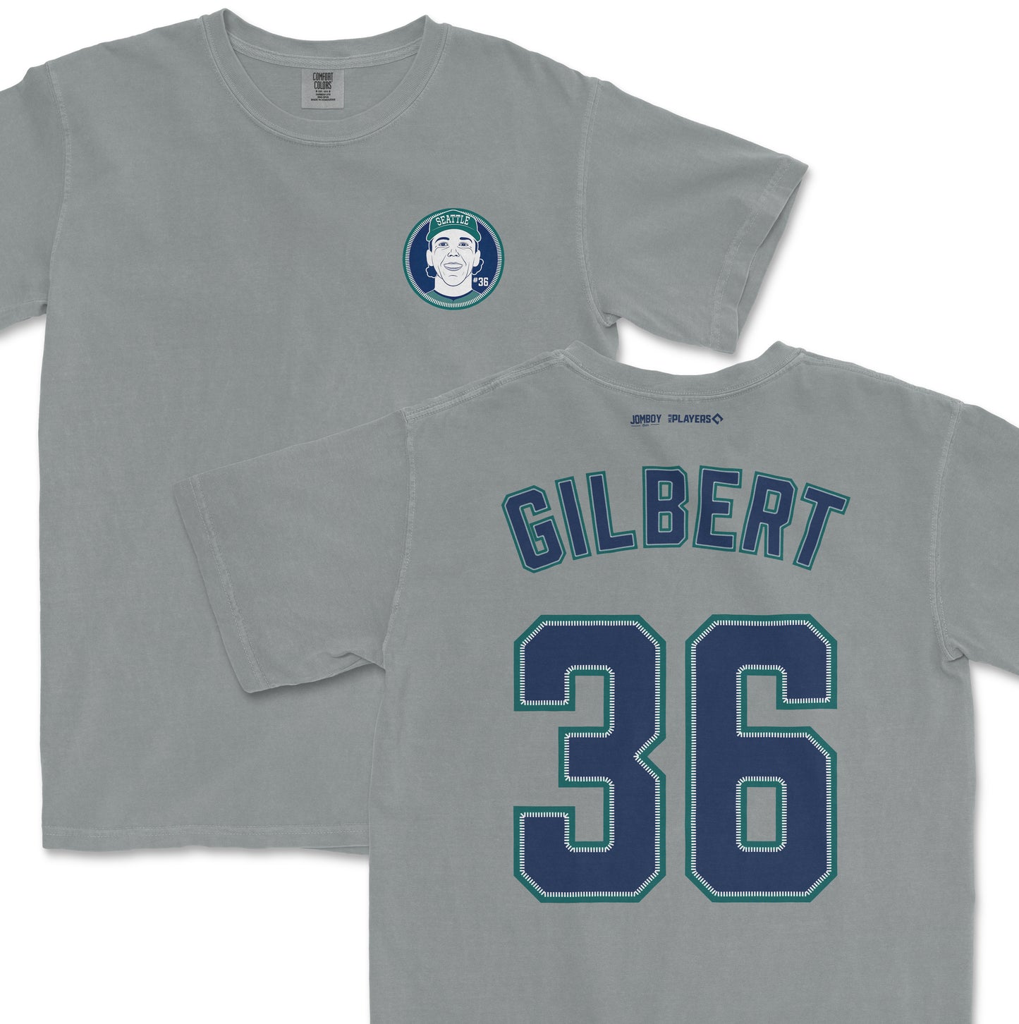 Gray Comfort Colors tee featuring a Seattle Mariners logo on the front and "GILBERT 36" on the back in blue lettering.
