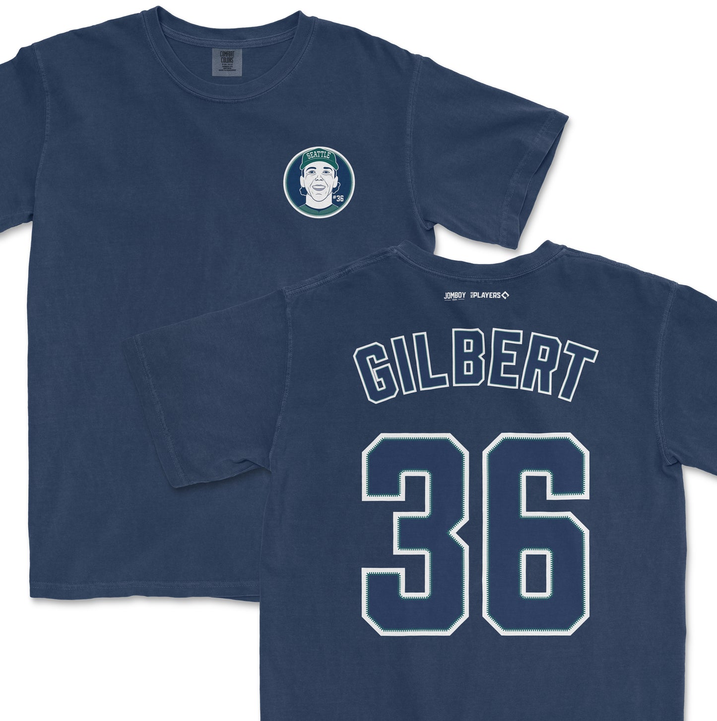 Blue Comfort Colors tee featuring a Seattle-themed graphic on the front and "GILBERT 36" sports jersey-style print on the back.