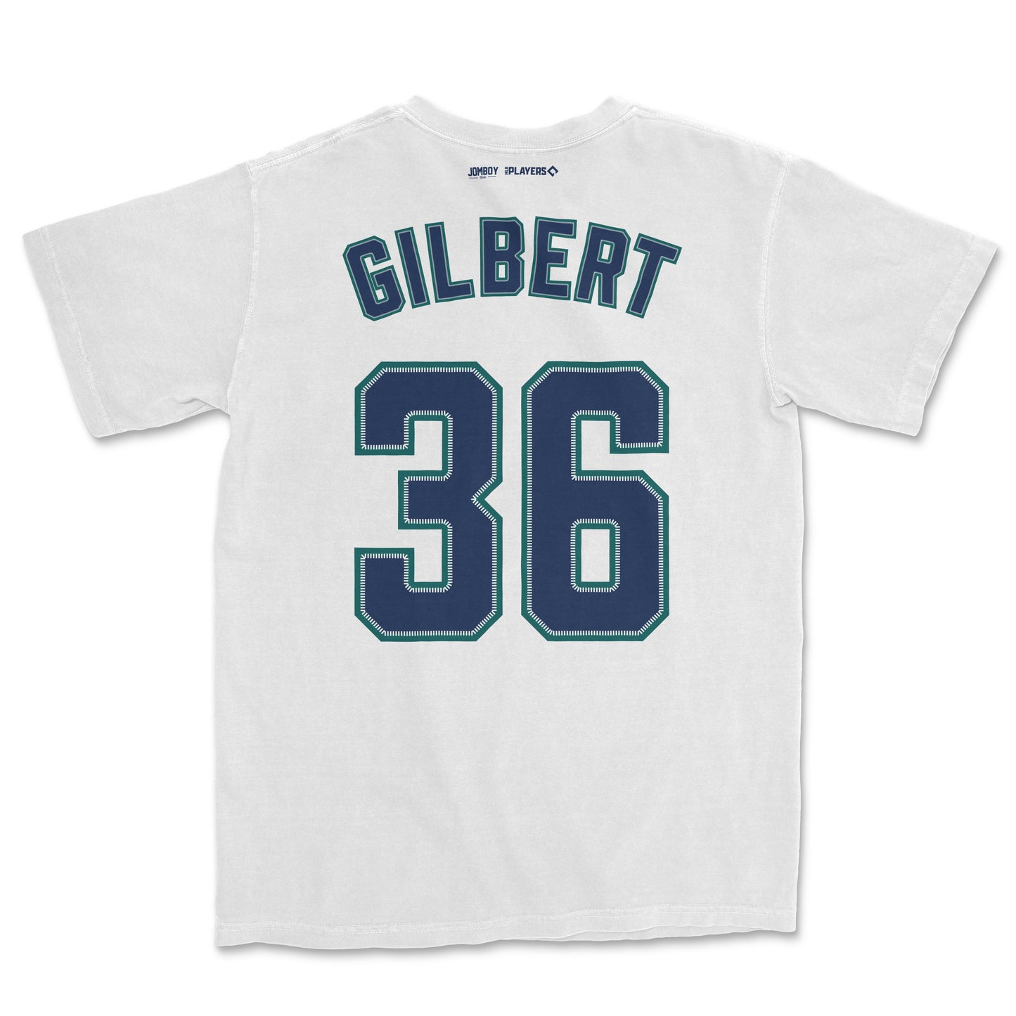White Comfort Colors tee featuring "Gilbert 36" sports jersey-style print and logos on the back.