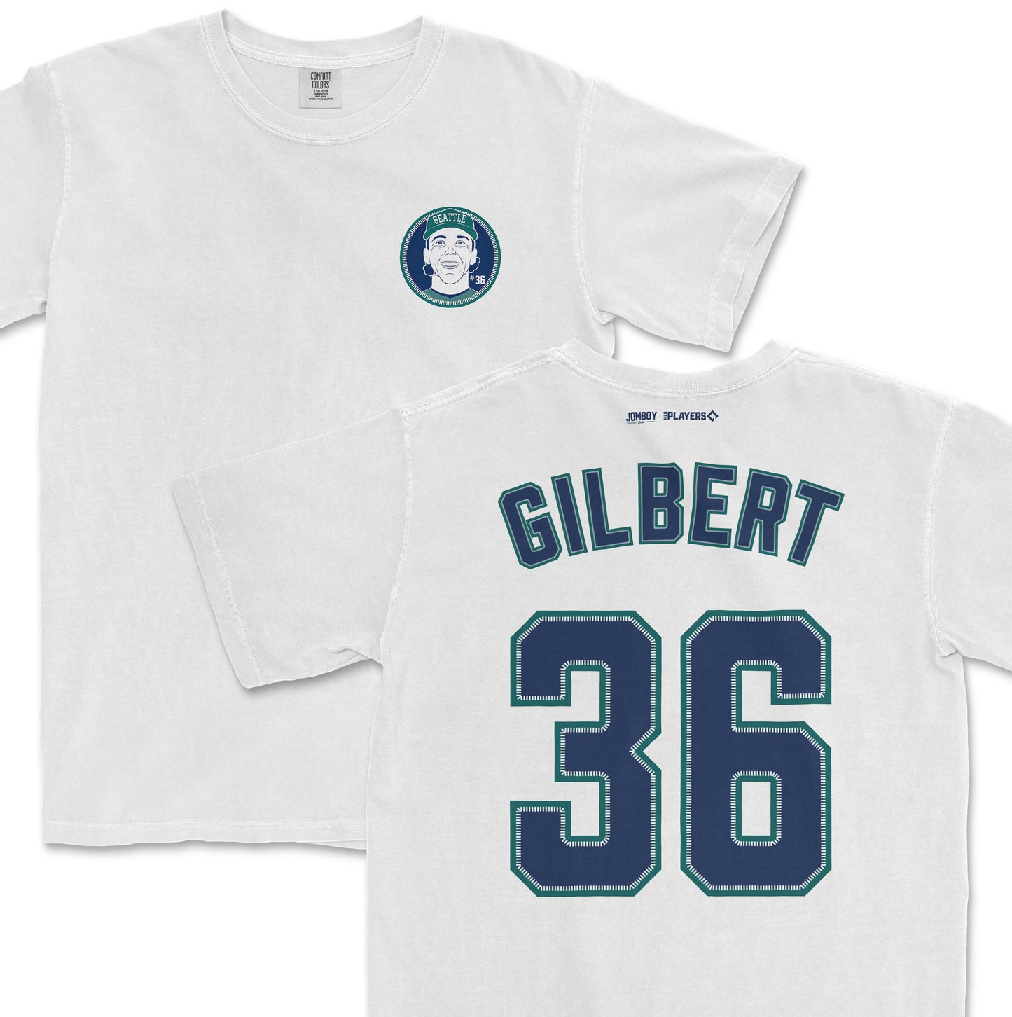 White Comfort Colors tee featuring a Seattle-themed logo on the front and "GILBERT 36" in large blue letters on the back.