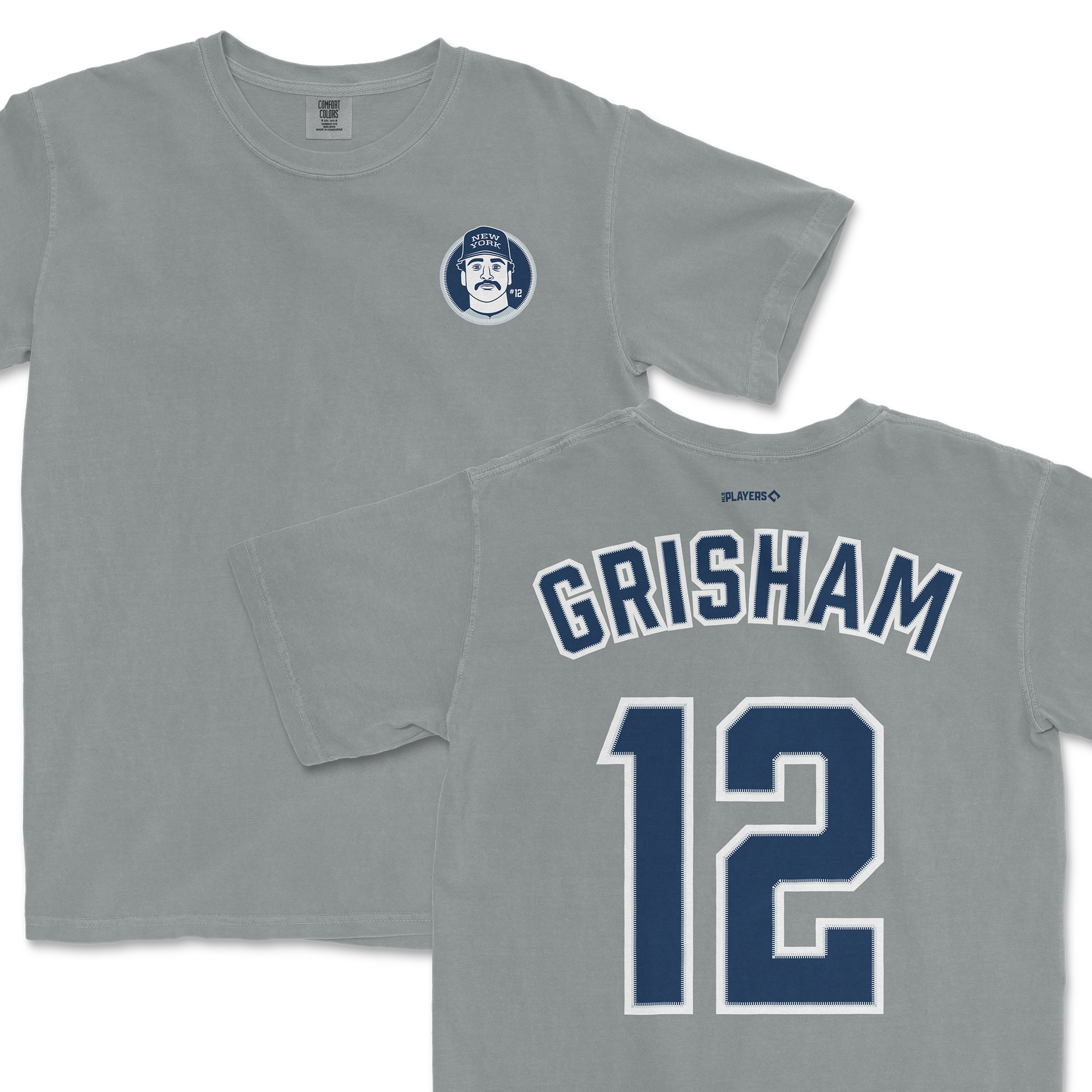 Trent Grisham Shirsey featuring a gray design with a logo on the front and "GRISHAM 12" on the back.