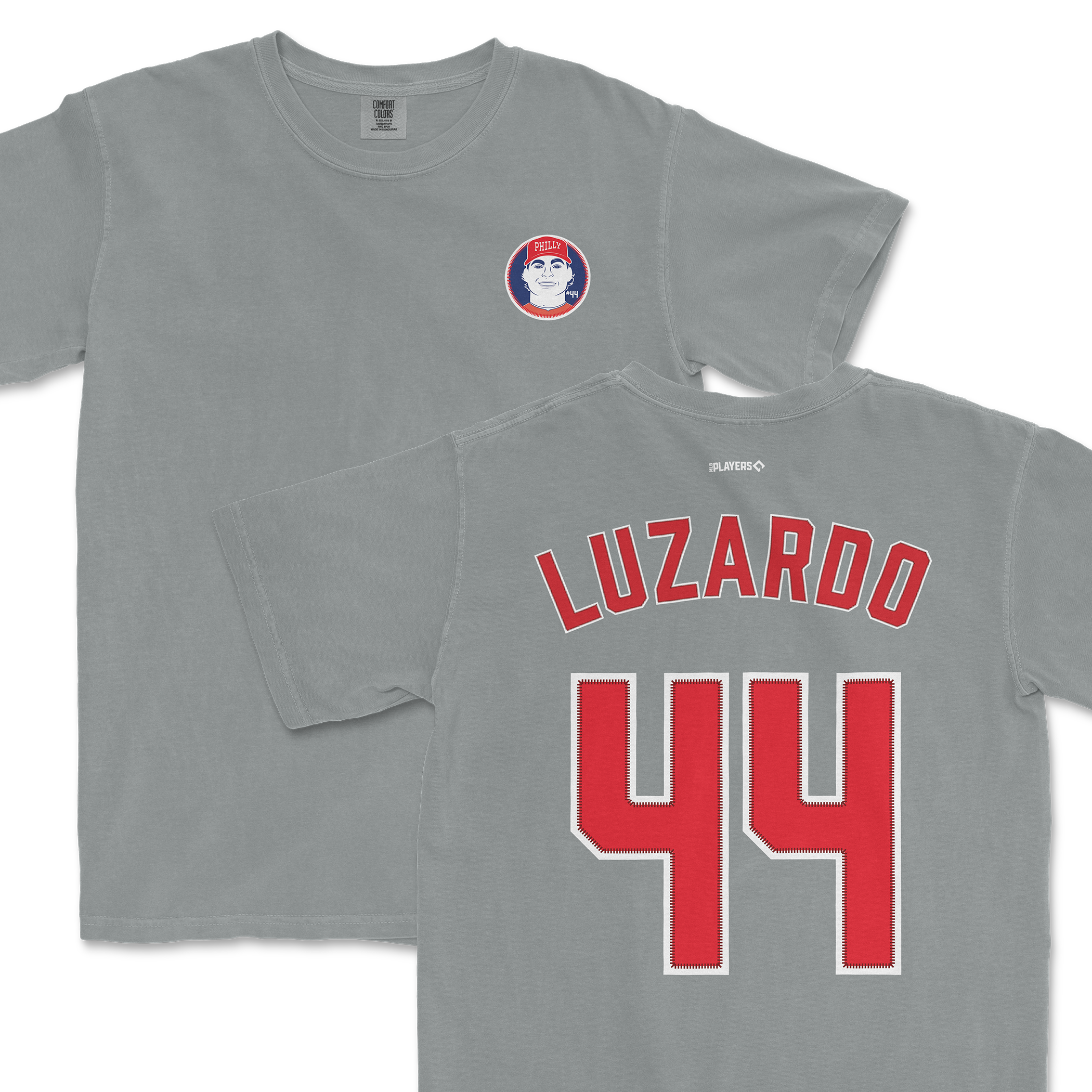 Gray Jesús Luzardo shirsey featuring his name and number 44 on the back, with a logo on the front. Perfect for fans.