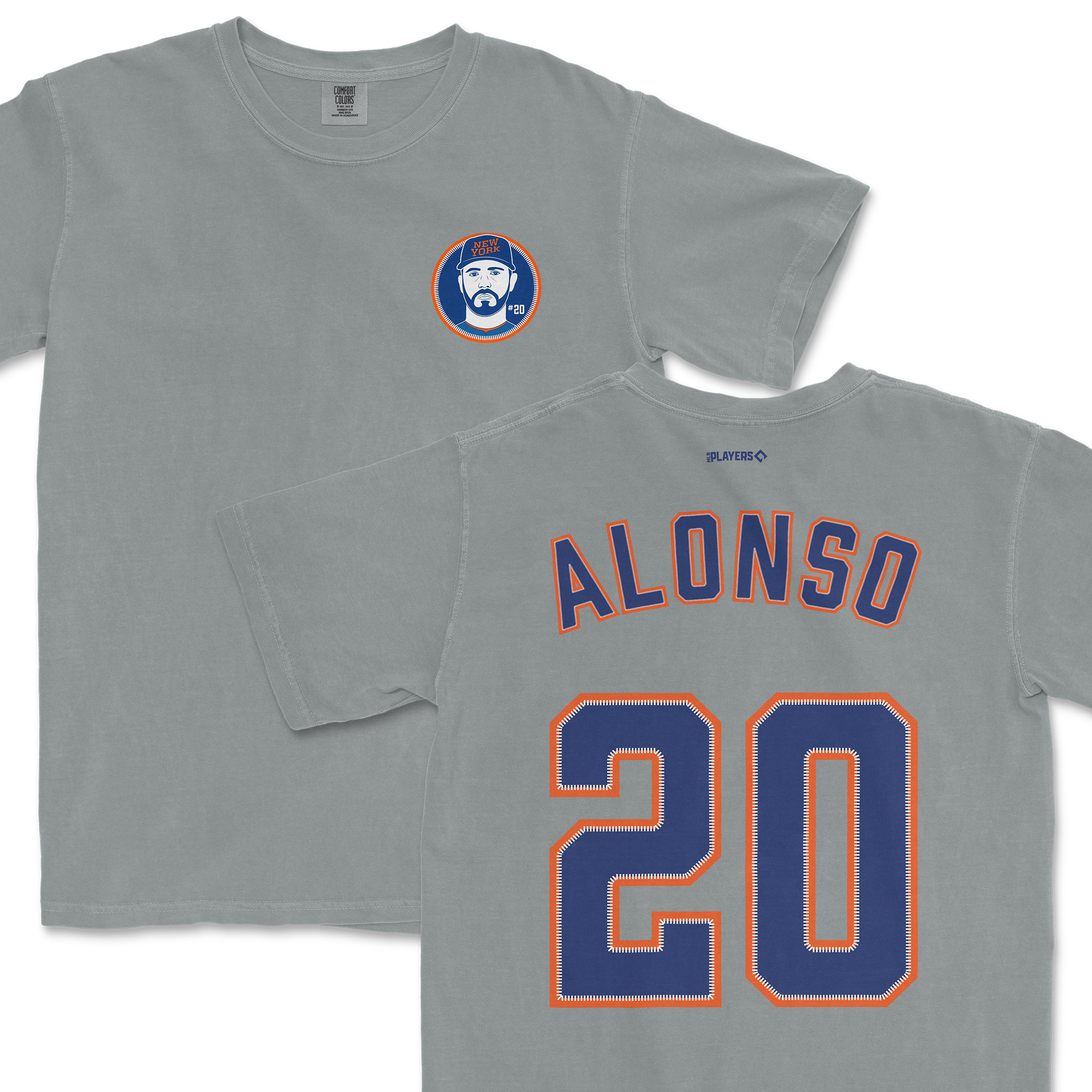 Gray Pete Alonso Shirsey featuring a front logo and "ALONSO 20" on the back, perfect for Mets fans.