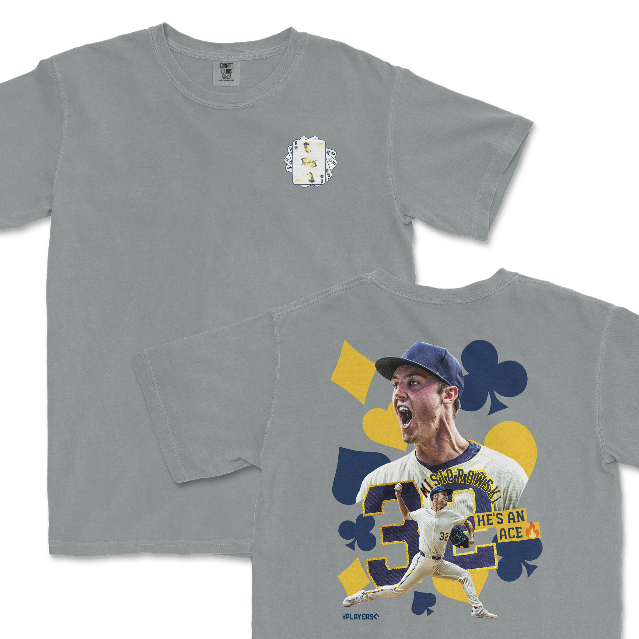 Gray t-shirt featuring Jacob Misiorowski with the text "He's An Ace" and a dynamic graphic design.