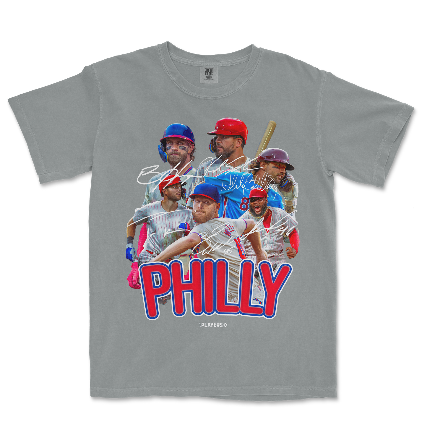 Gray T-shirt featuring a collage of baseball players, signatures, and bold "PHILLY" text in red and blue.