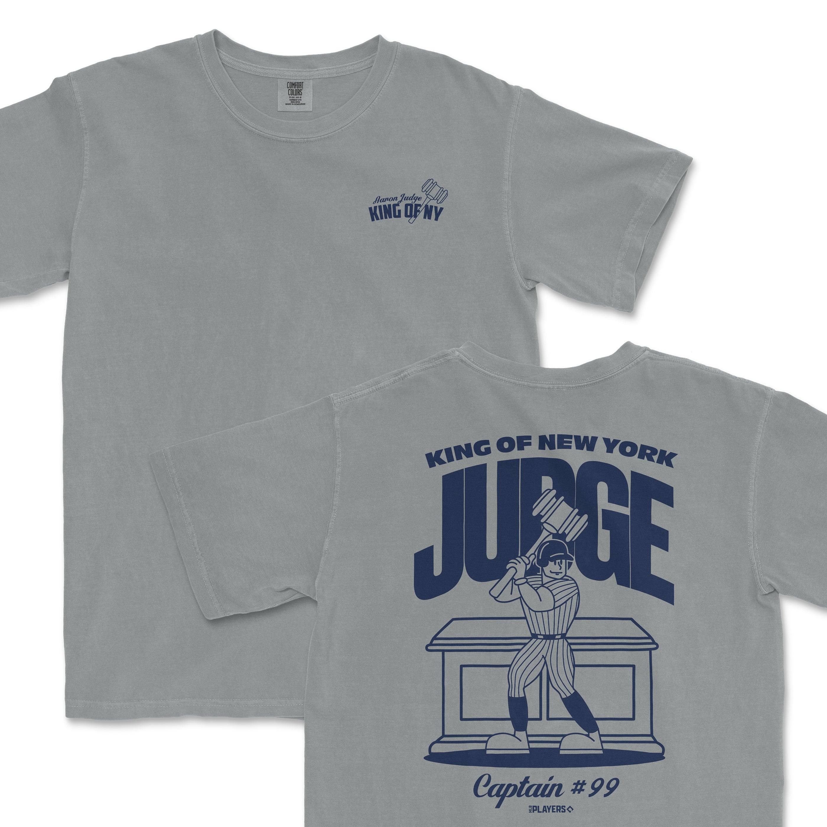 Gray t-shirt featuring a cartoon of Aaron Judge with the text "King of New York" and "Captain 99" on the back.