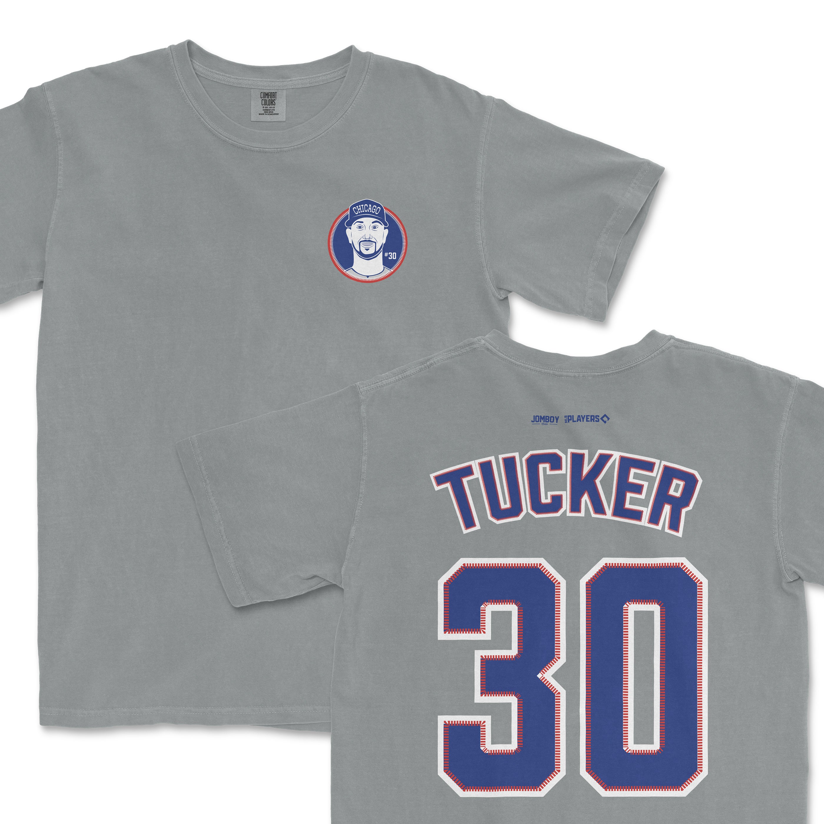 Gray Comfort Colors tee featuring a Chicago-themed graphic on the front and "TUCKER 30" sports jersey-style design on the back.