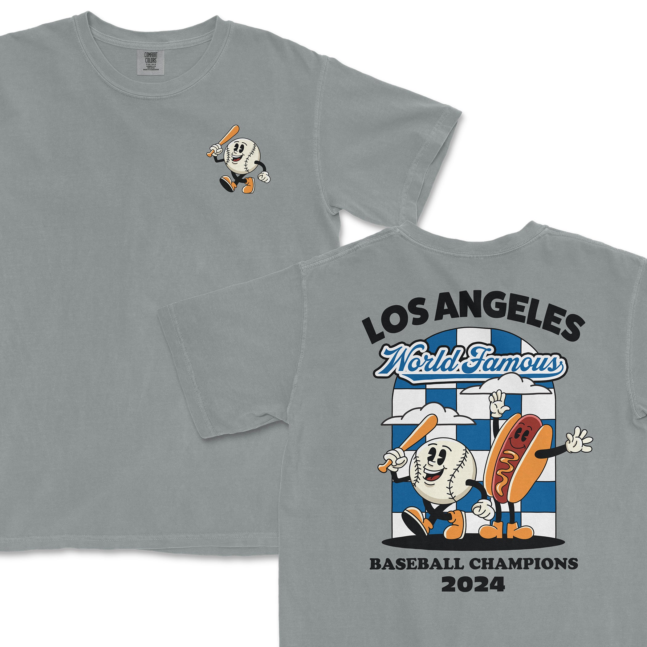 Gray T-shirt featuring cartoon baseball, hot dog, and "Los Angeles World Famous Baseball Champions 2024" text design.