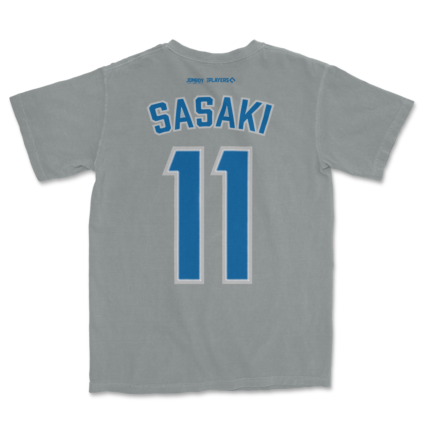 Gray sports jersey with "Sasaki" and the number "11" in blue and white, featuring small sponsor logos on the back collar.