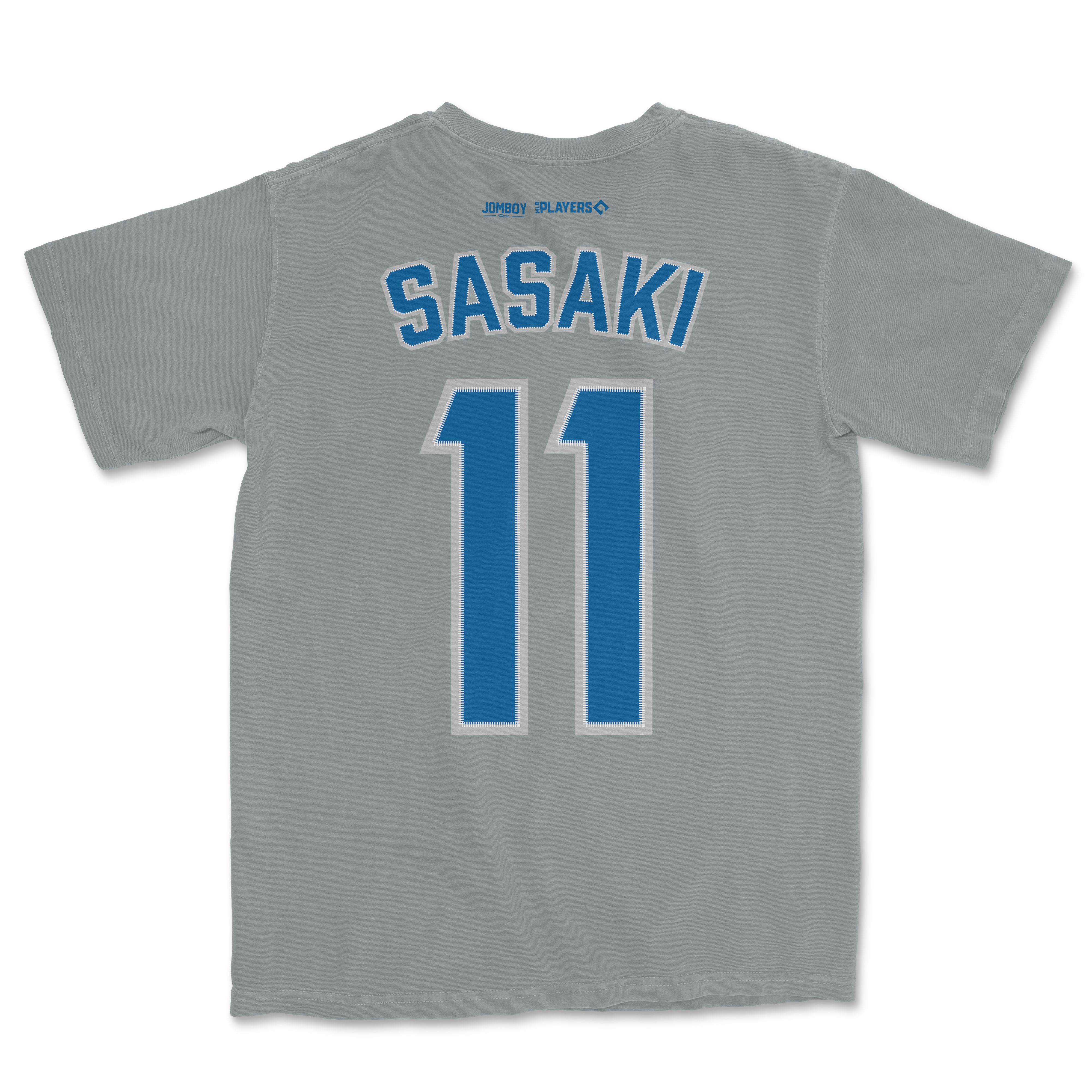Gray sports jersey with "Sasaki" and the number "11" in blue and white, featuring small sponsor logos on the back collar.