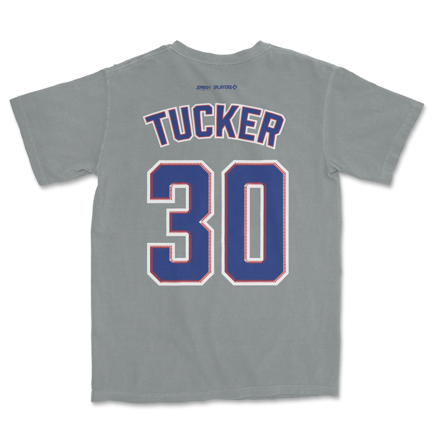 Gray Comfort Colors T-shirt featuring "Tucker 30" in bold blue and red lettering on the back, with small logos near the collar.