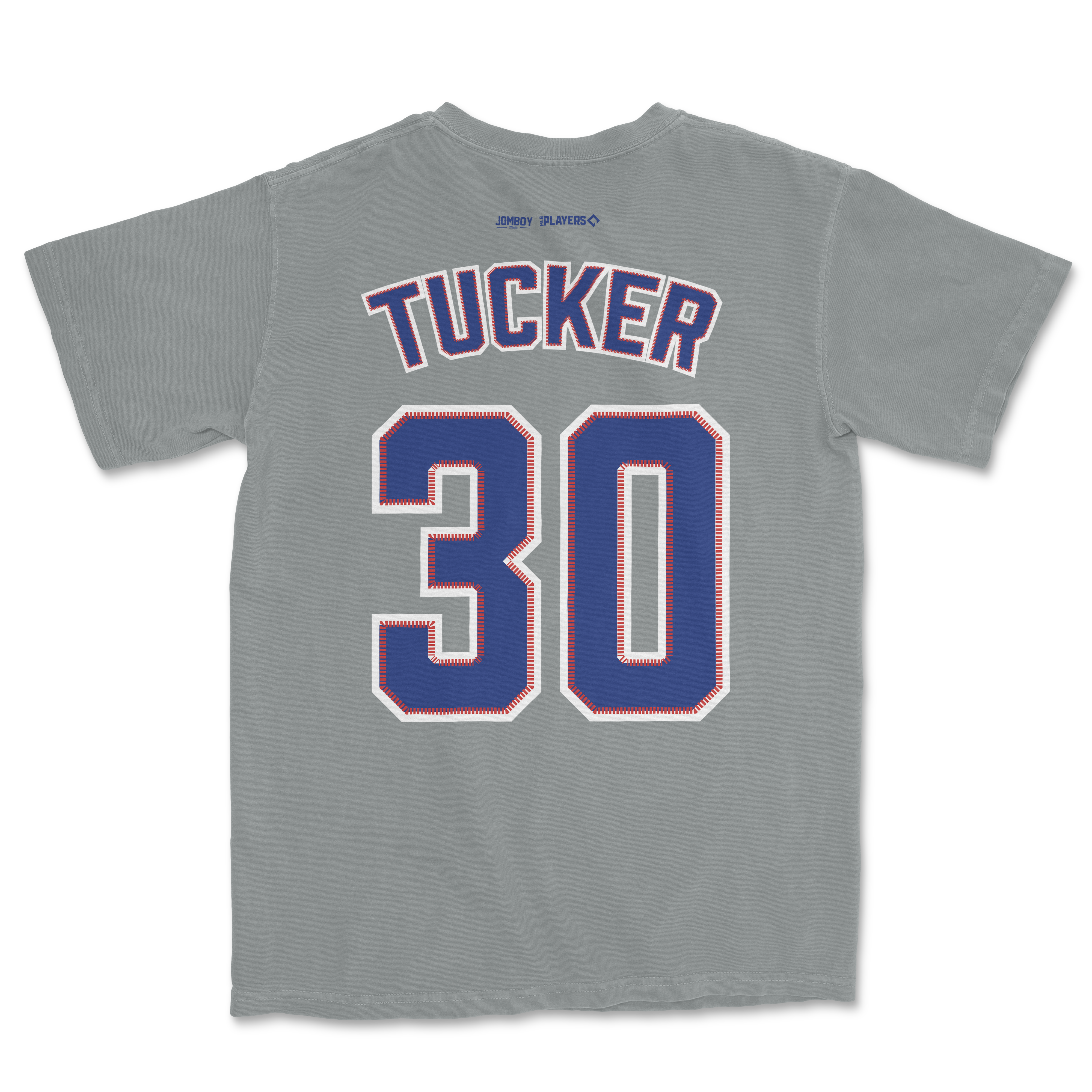 Gray Comfort Colors T-shirt featuring "Tucker 30" in bold blue and red lettering on the back, with small logos near the collar.