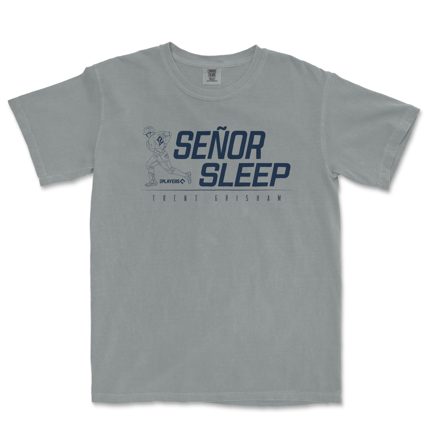 Gray T-shirt featuring a baseball player illustration, bold "Señor Sleep" text, and "Trent Grisham" name below.