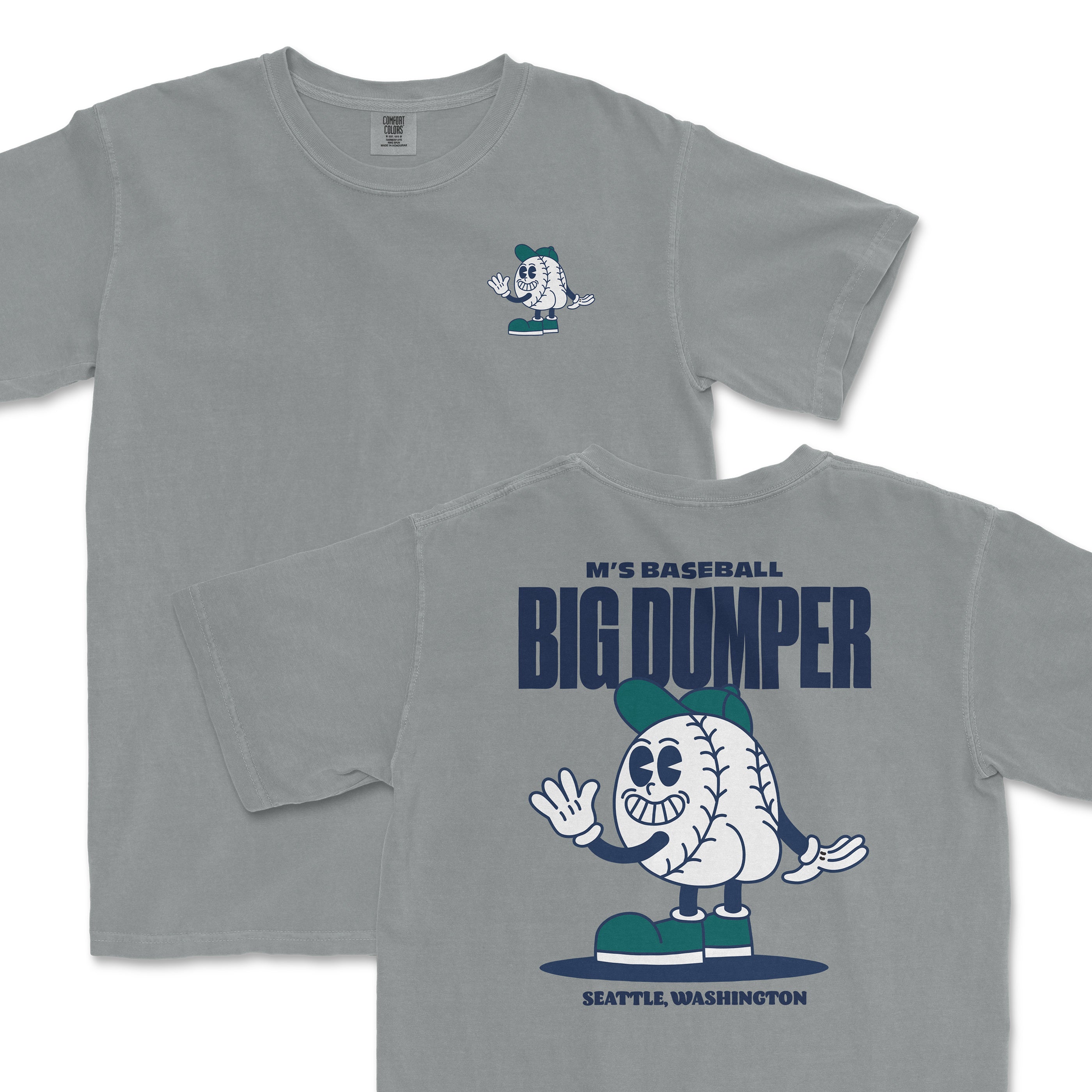 Gray t-shirt featuring a cartoon baseball character named Big Dumper, with playful graphics and text on the front and back.
