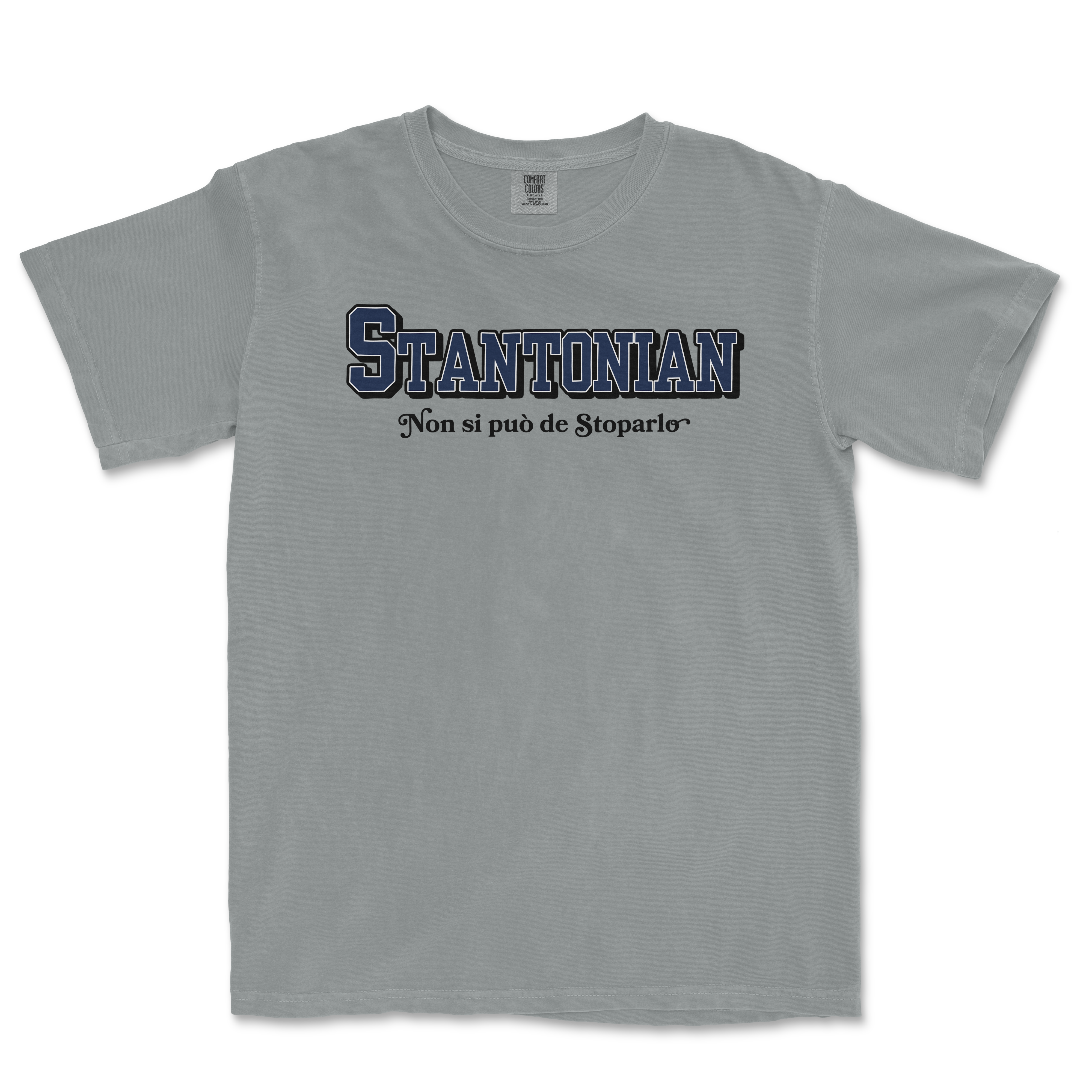 Gray T-shirt with "STANTONIAN" in bold blue letters, and the phrase "Non si può de Stoparlo" underneath.