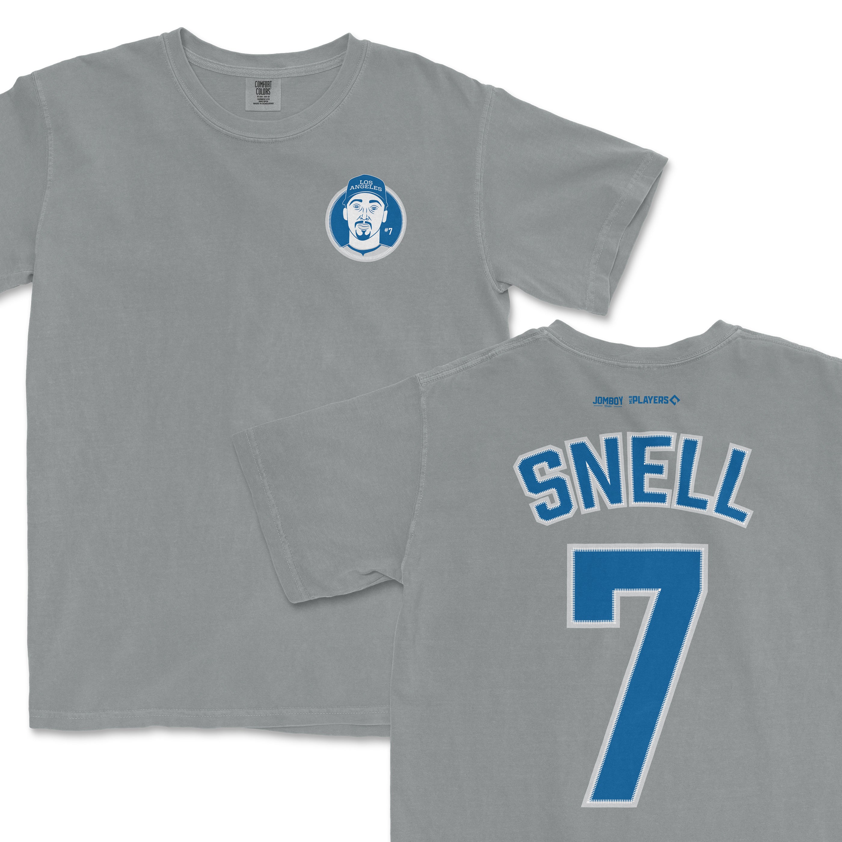 Gray Comfort Colors tee featuring Blake Snell's name and number 7 on the back, with a Los Angeles-themed graphic on the front.