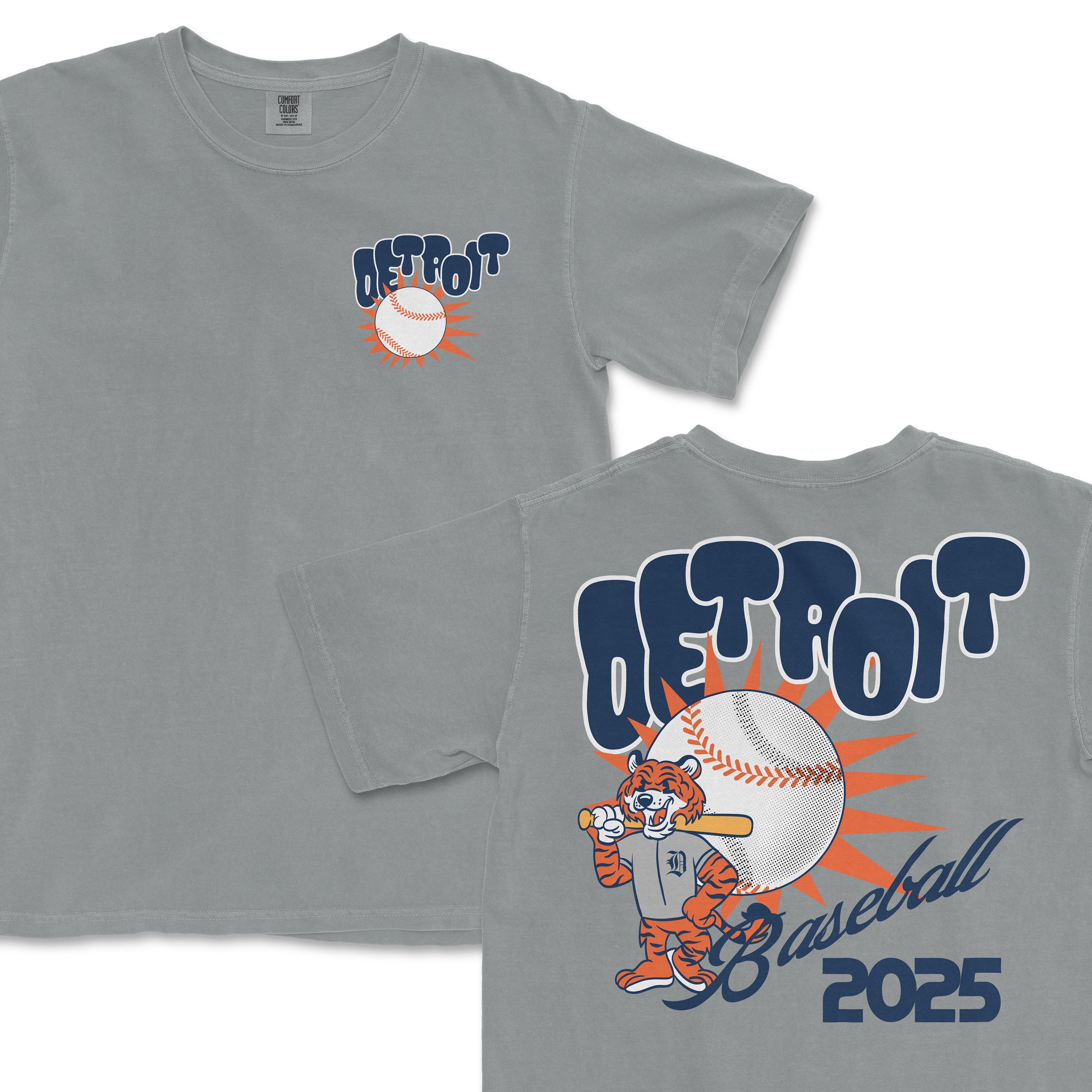 Gray Comfort Colors T-shirt featuring a Detroit Tigers baseball design with a tiger mascot, baseball, and "Detroit Baseball 2025" text.