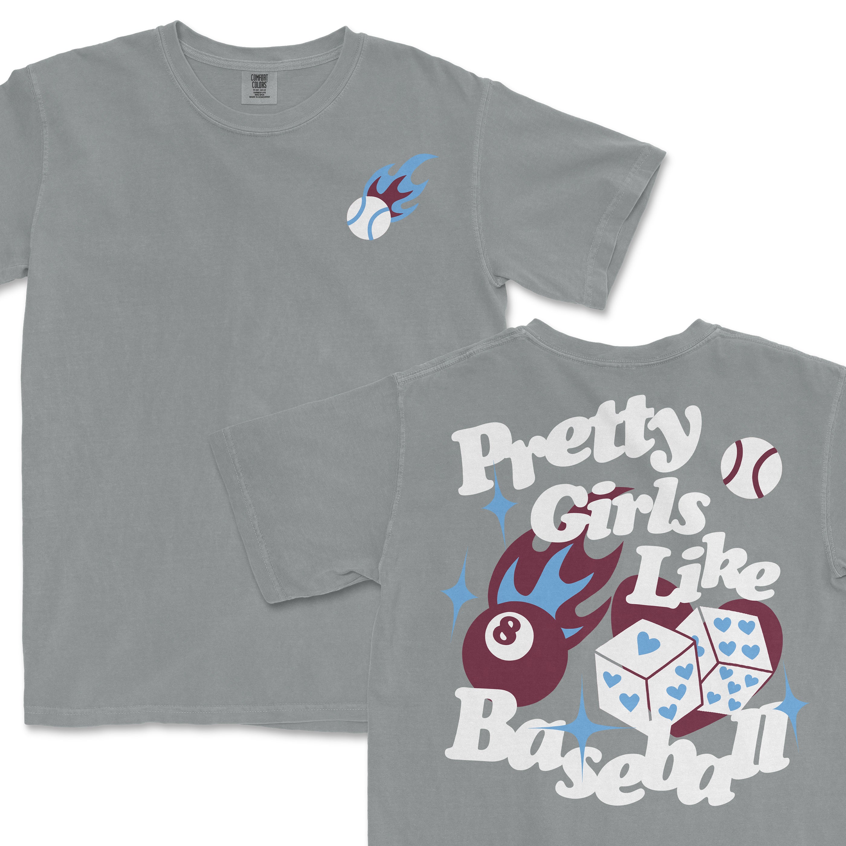 Gray T-shirt with "Pretty Girls Like Baseball" text, baseball graphics, flames, and dice design on the back.