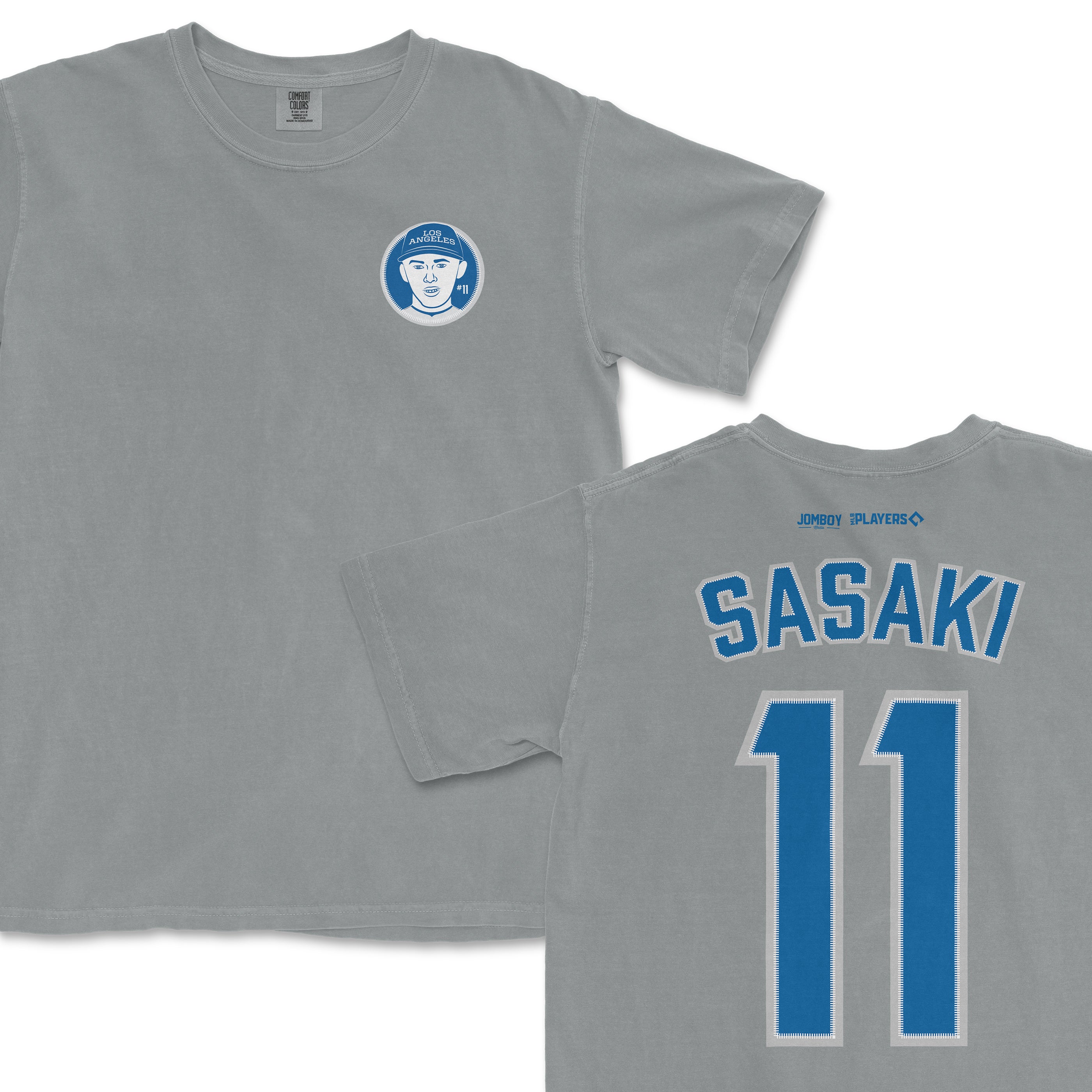 Gray T-shirt featuring a blue and white graphic of a woman's face with "LOS ANGELES" text, and the back displays "SASAKI 11" in bold blue letters.