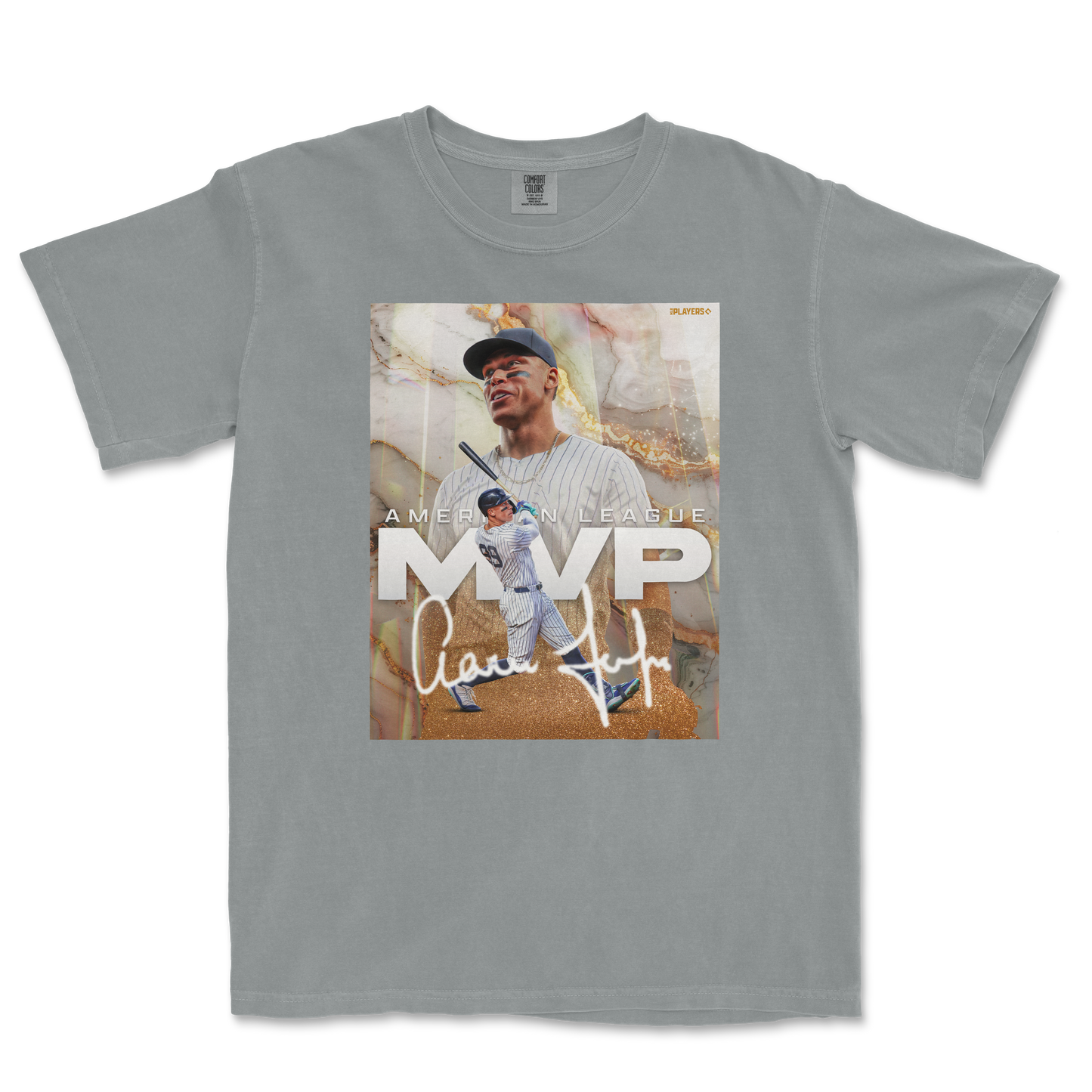 Gray Comfort Colors T-shirt featuring a graphic design celebrating MVP Aaron Judge from the American League, with his image, signature, and team elements.