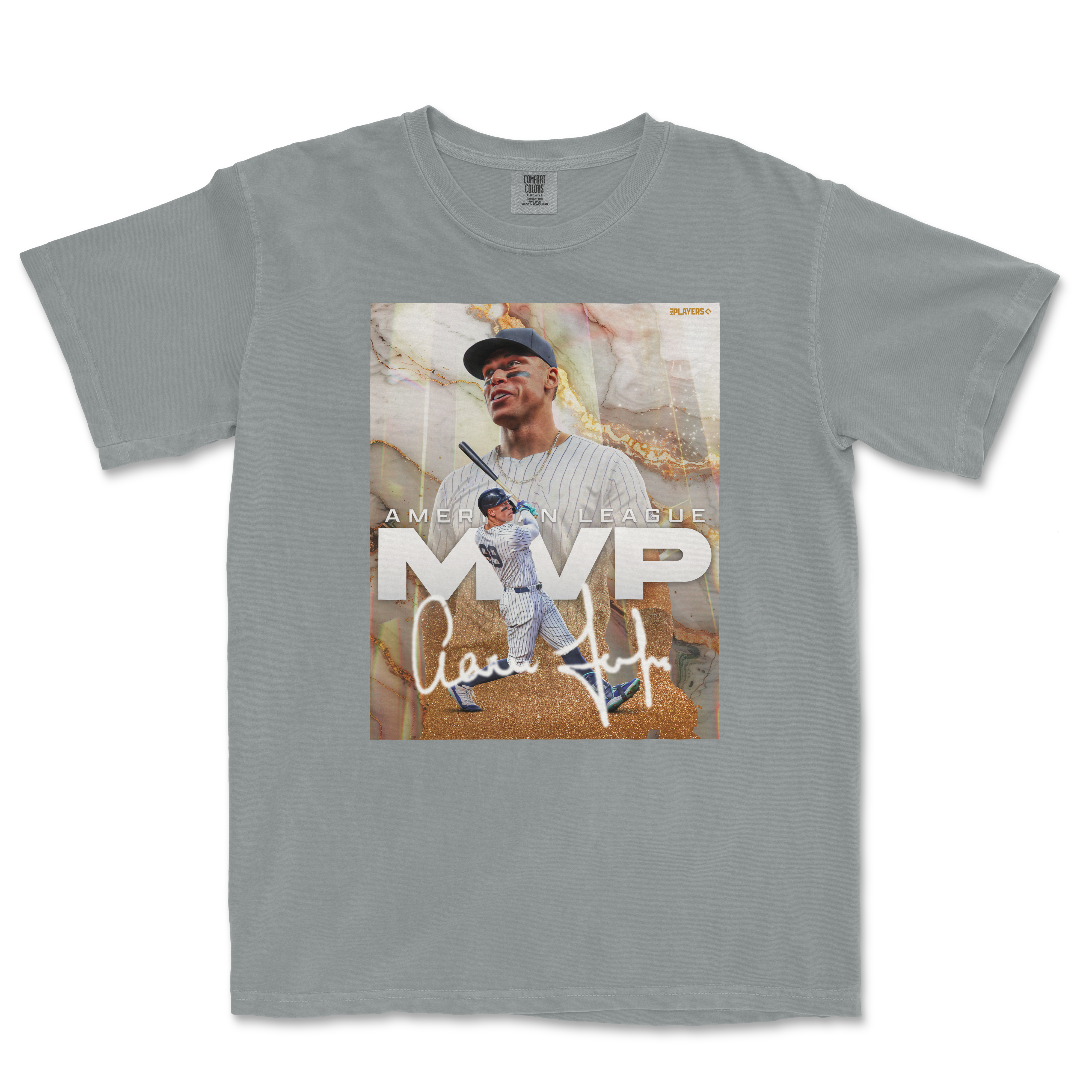 Gray Comfort Colors T-shirt featuring a graphic design celebrating MVP Aaron Judge from the American League, with his image, signature, and team elements.