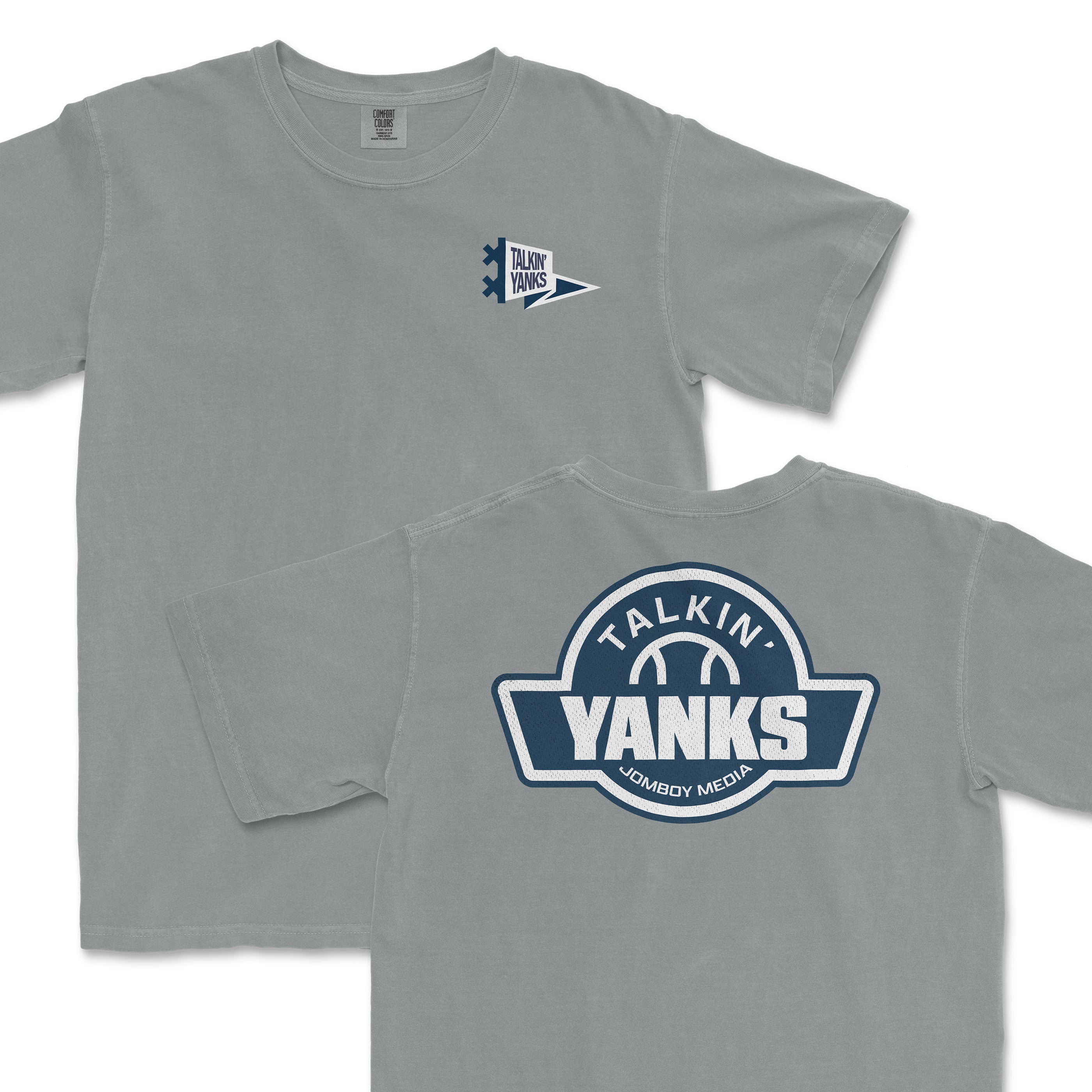 Gray T-shirt featuring the "Talkin' Yanks" logo on the front and back, with a baseball graphic and "Jomboy Media" text.