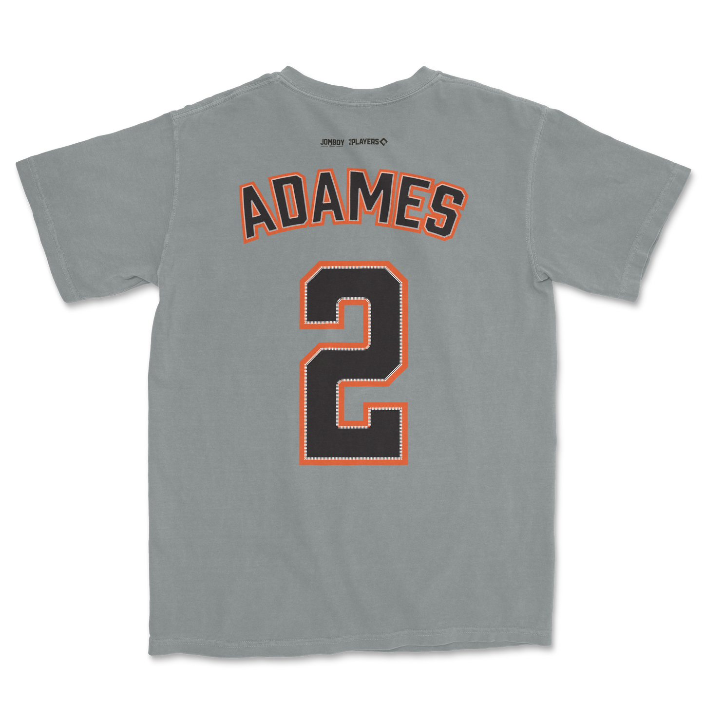 Gray Willy Adames shirsey featuring the name "ADAMES" and the number "2" in black with orange and white outlines on the back.