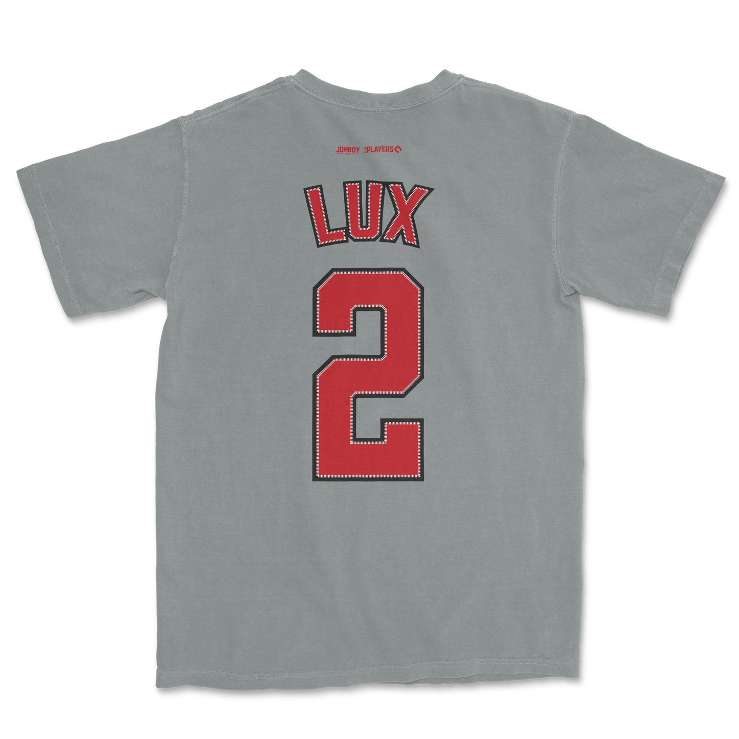 Gray Comfort Colors tee featuring "Lux 2" in red and black lettering on the back, with small red text near the collar.