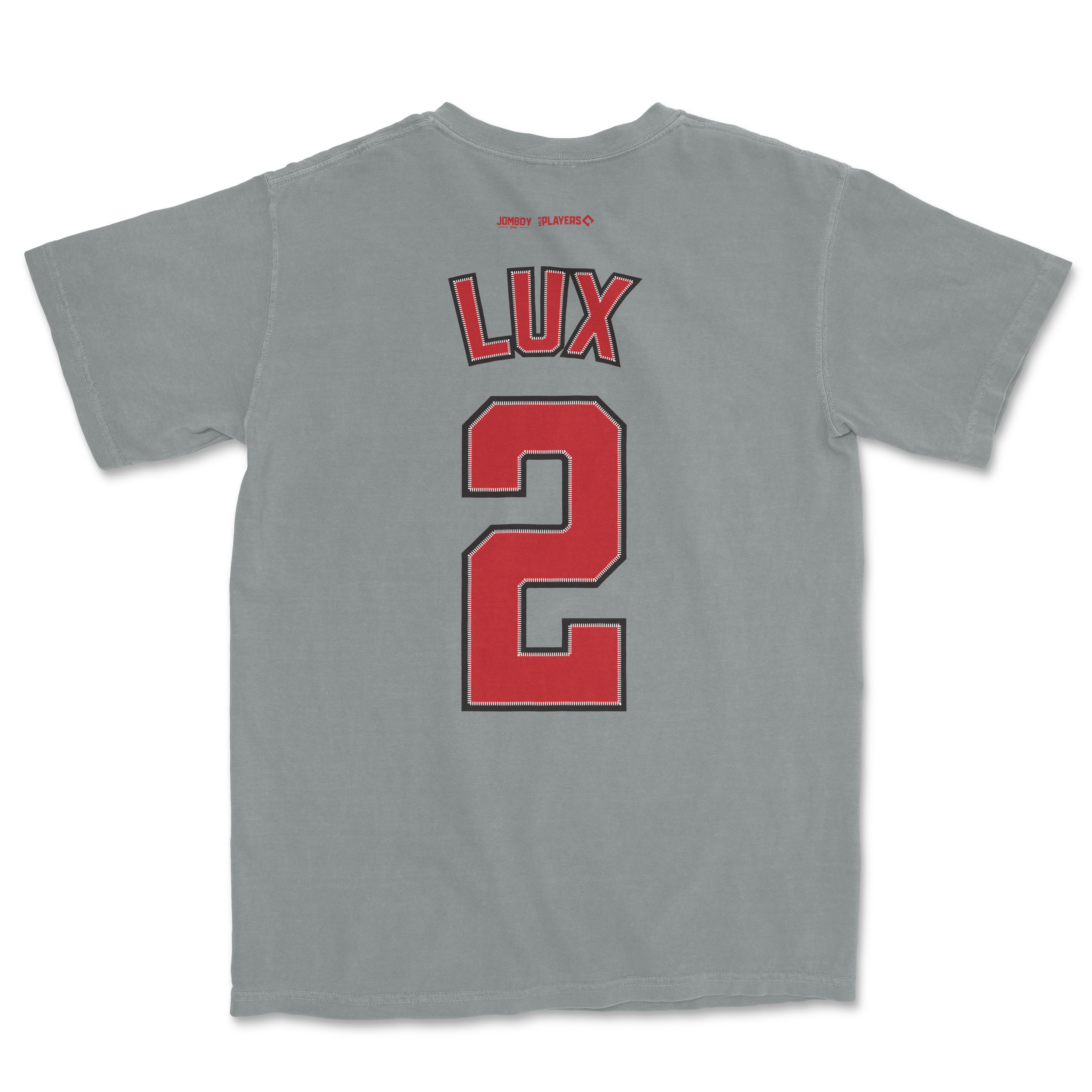 Gray Comfort Colors tee featuring "Lux 2" in red and black lettering on the back, with small red text near the collar.