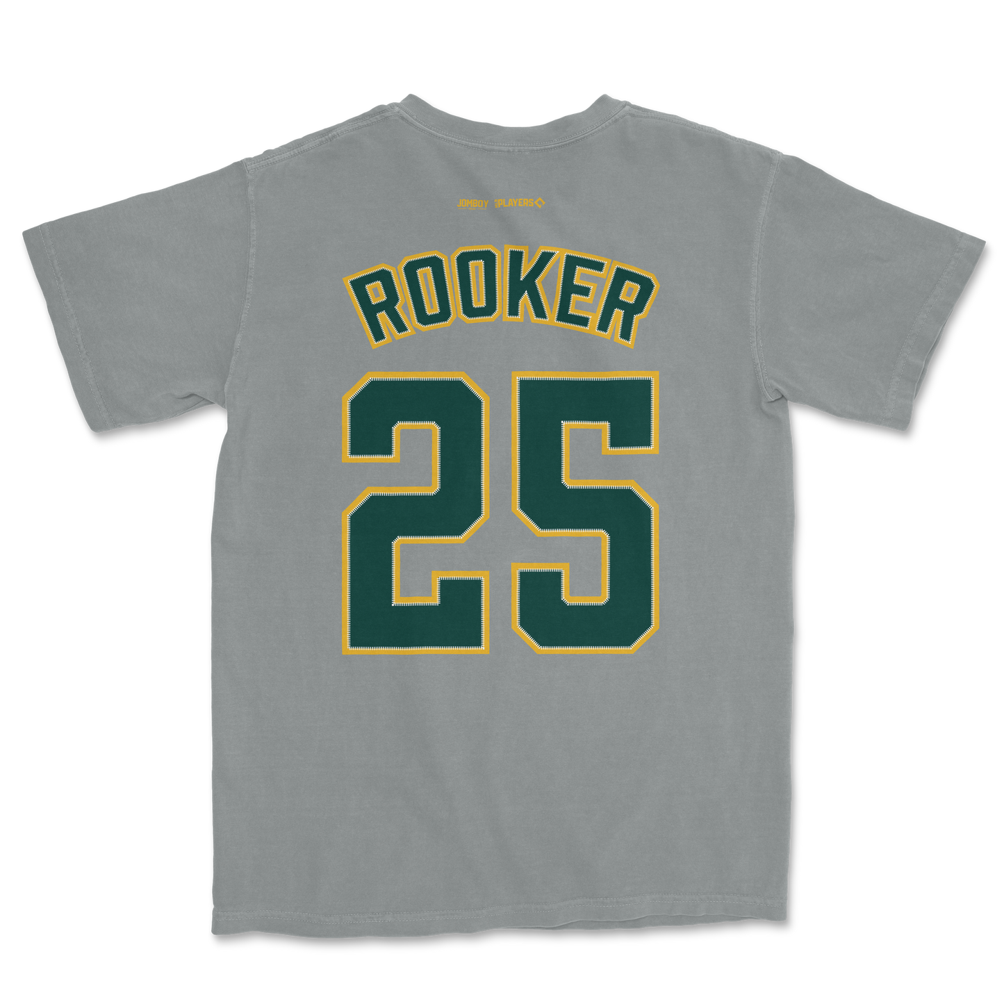 Gray Comfort Colors T-shirt featuring "Rooker" and the number 25 in bold green with yellow outline on the back.