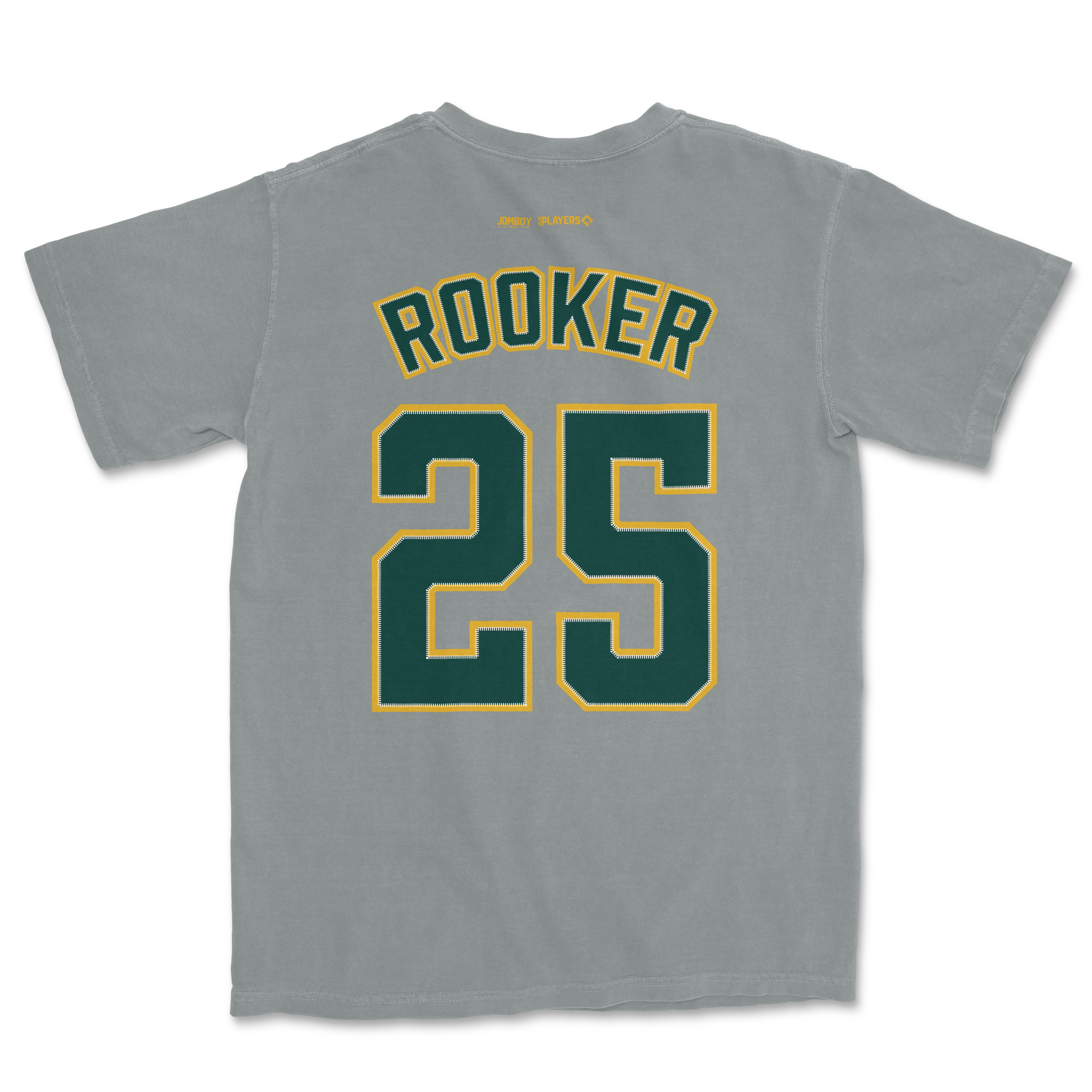 Gray Comfort Colors T-shirt featuring "Rooker" and the number 25 in bold green with yellow outline on the back.