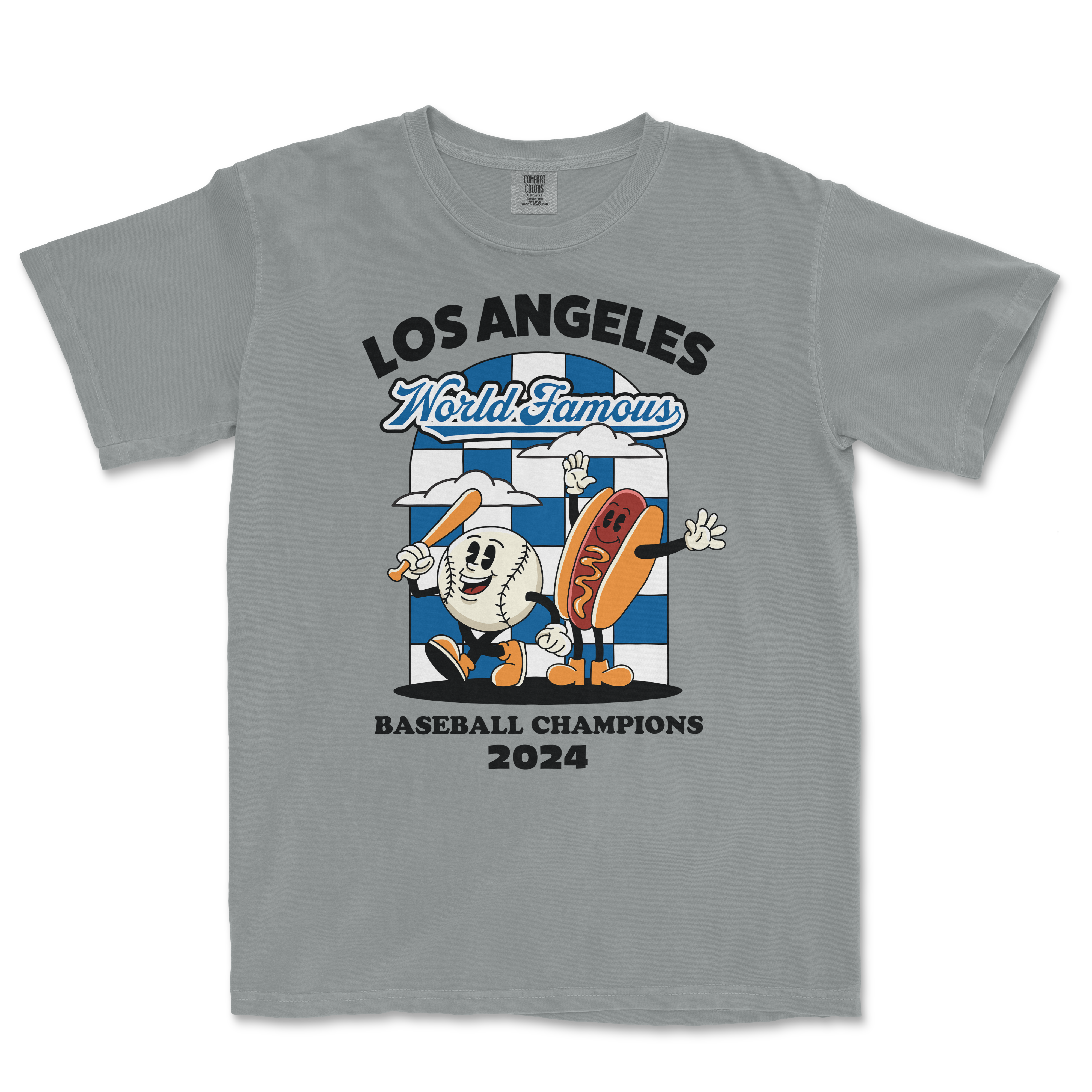 Gray T-shirt featuring cartoon baseball and hot dog characters celebrating 2024 World Famous Baseball Champions in Los Angeles.