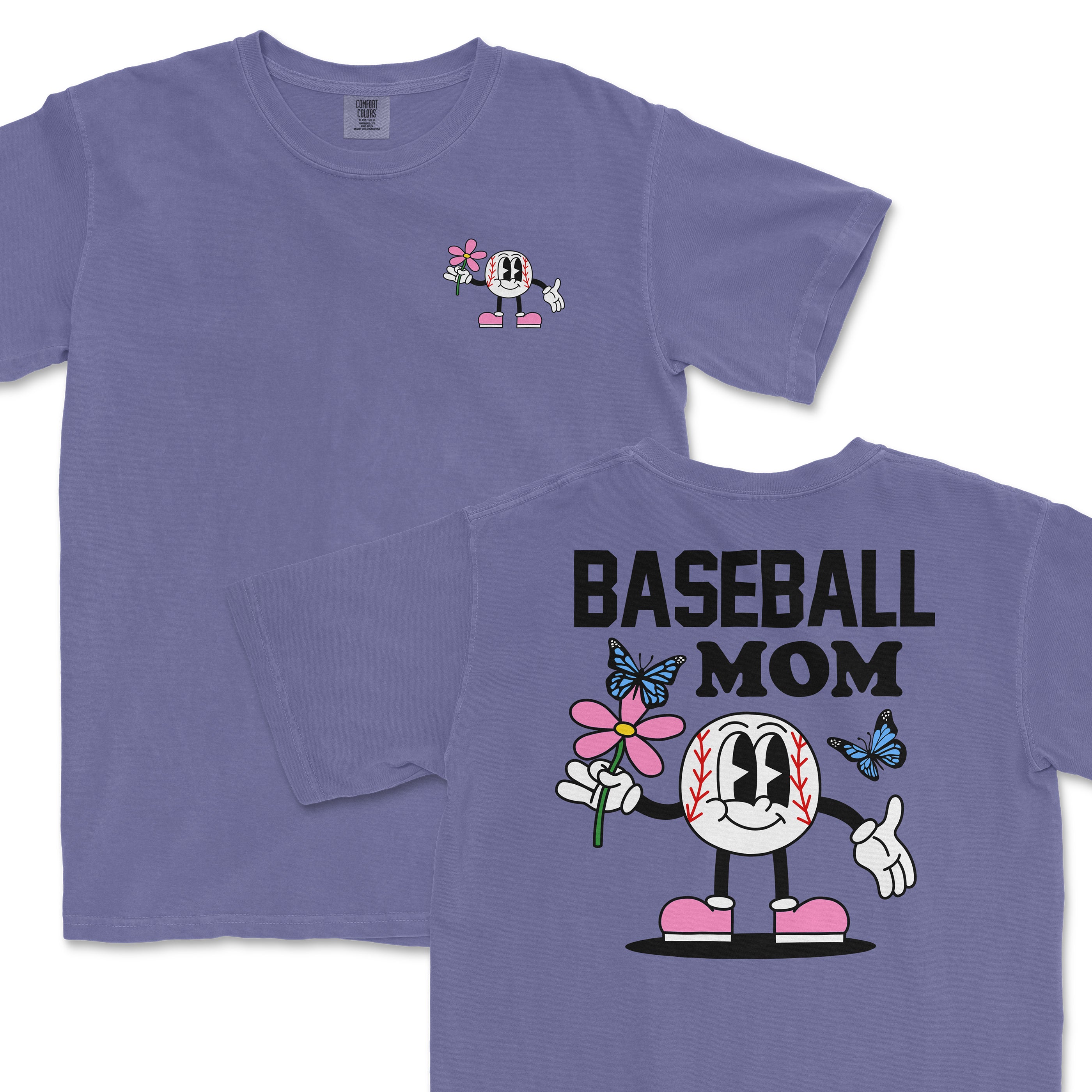 Comfort Colors tee with "Baseball Mom" text on back, featuring a cartoon baseball character holding a flower and butterflies.