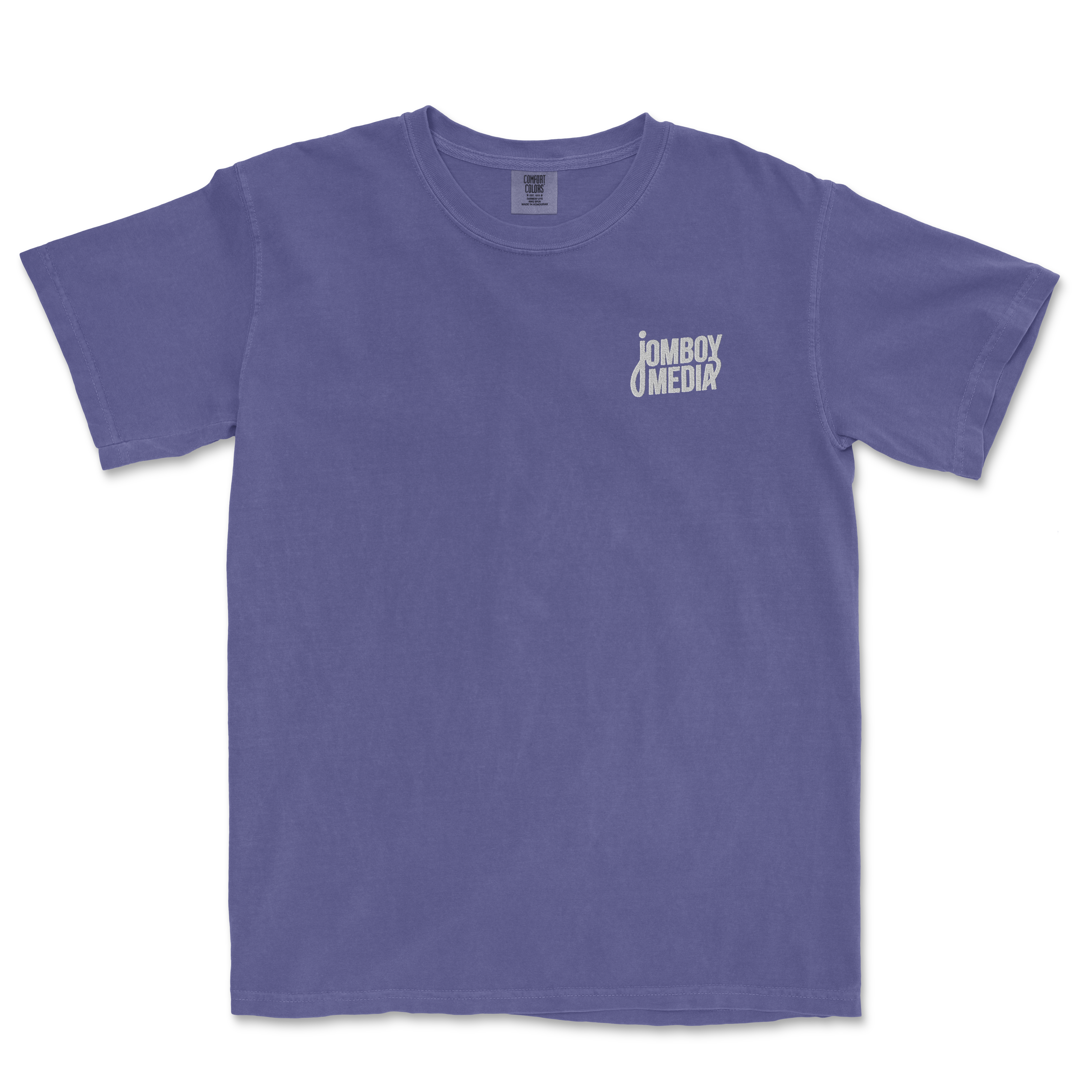 JM Essentials '25 Embroidered Tee in purple featuring Jomboy Media logo on the chest, perfect for sports fans.