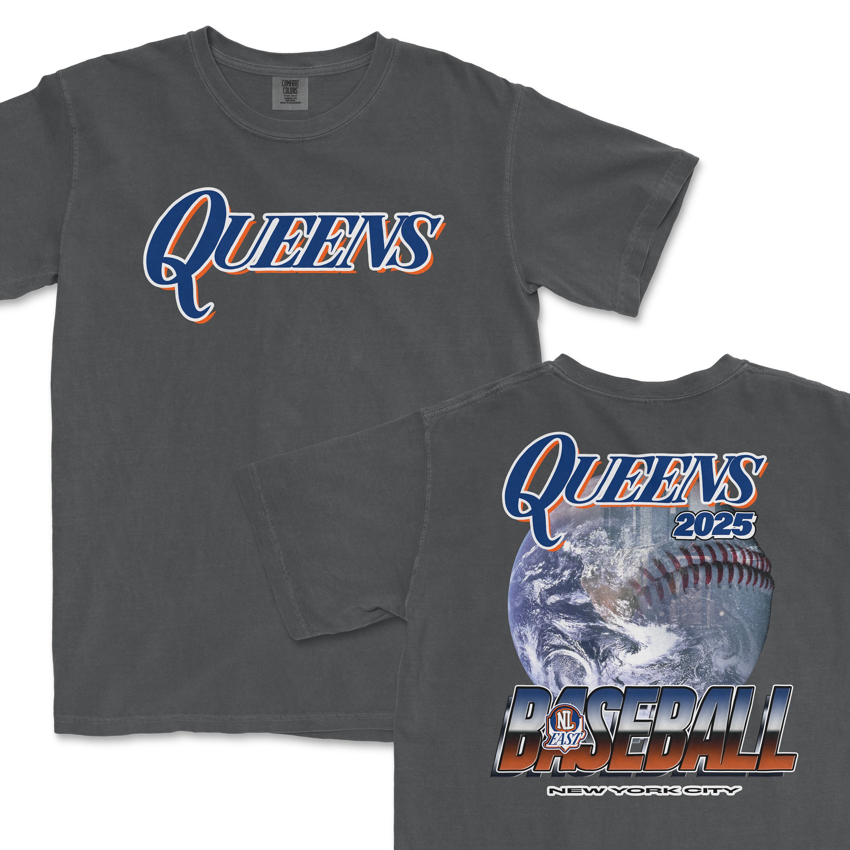 Gray Comfort Colors T-shirt featuring "Queens" text, a baseball, Earth graphic, and "2025" and "New York City" details.