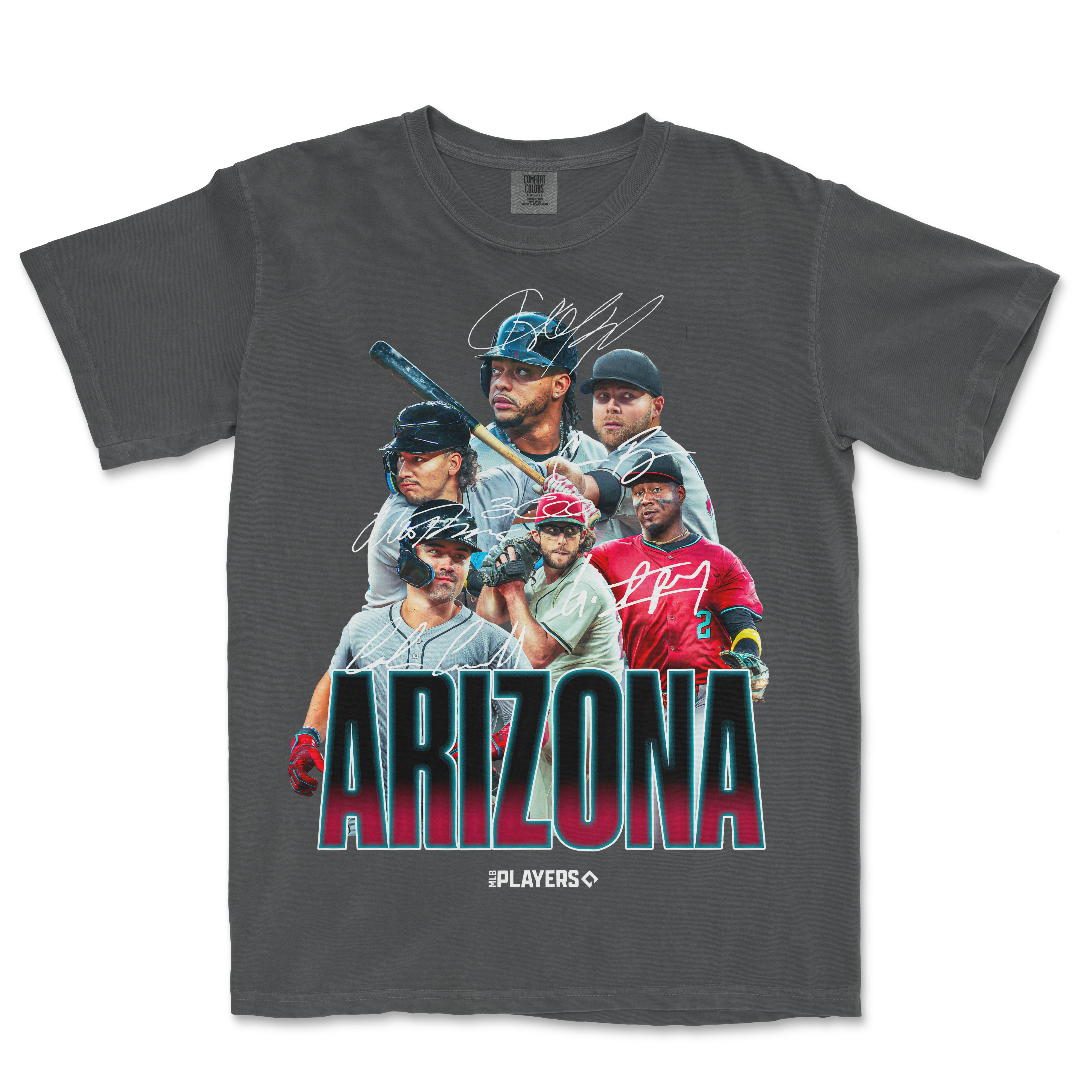 Gray Comfort Colors T-shirt featuring a colorful Arizona baseball team graphic with players, signatures, and bold "ARIZONA" text.