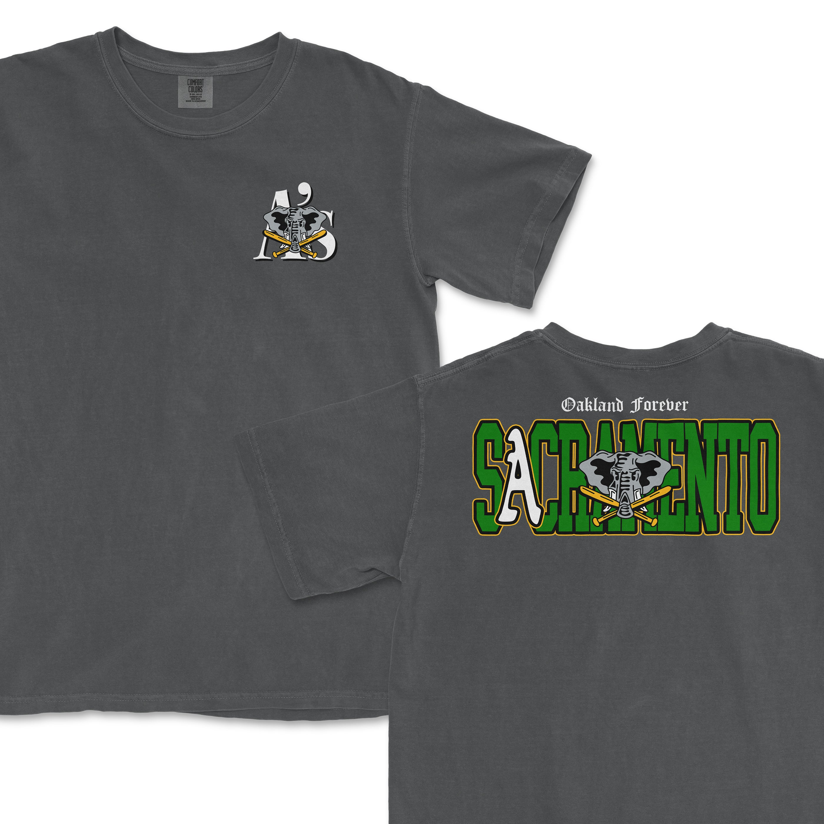 Gray T-shirt featuring a front small graphic of an elephant with crossed hockey sticks and "19" above; back design with "Oakland Forever" and large green "SACRAMENTO" text, elephant and hockey sticks graphic.
