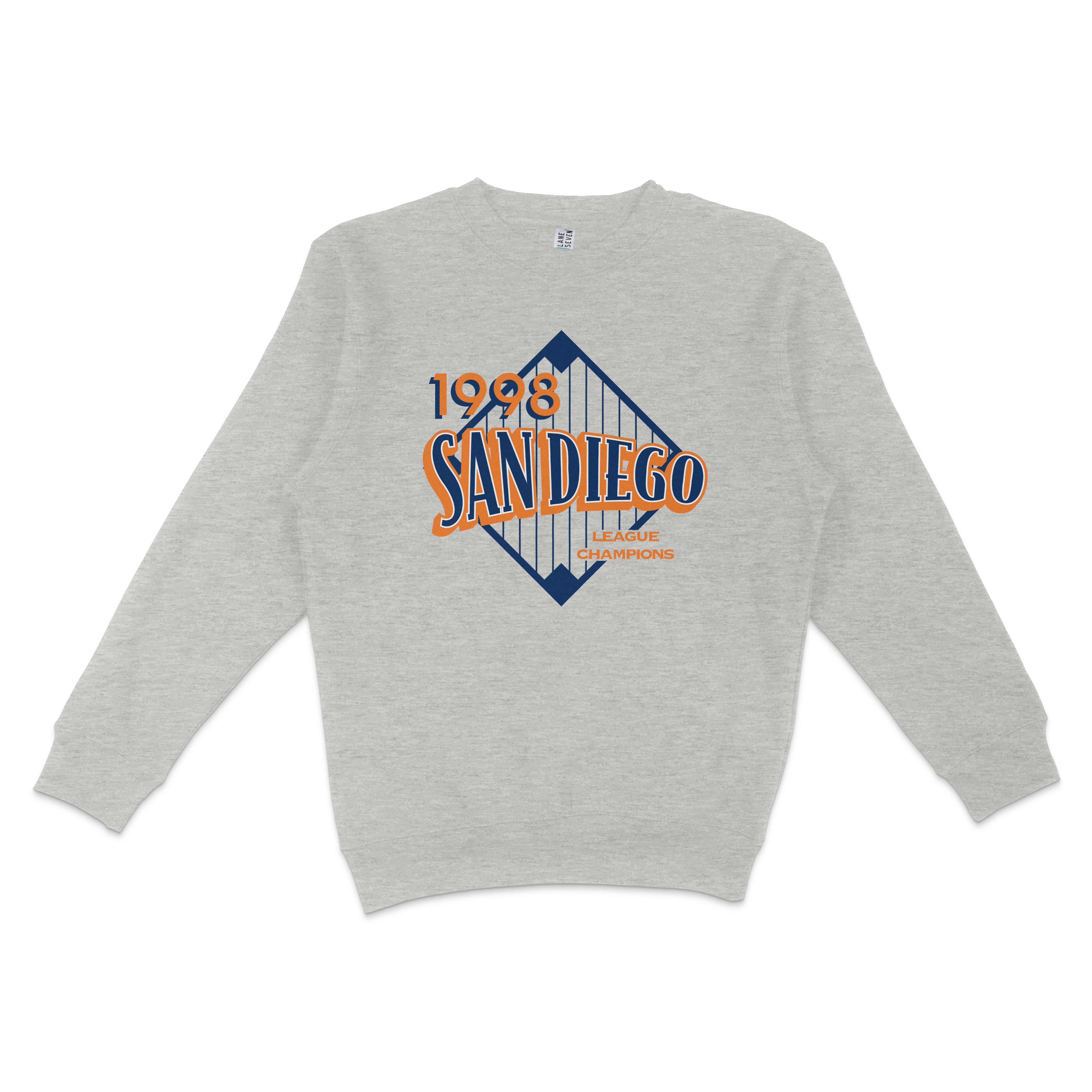 Gray crewneck sweatshirt featuring a vintage San Diego 1998 league champions graphic with bold orange and blue text.