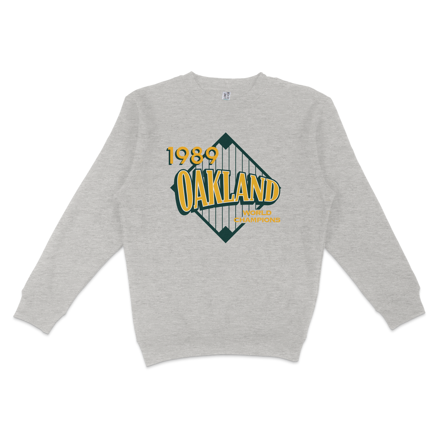 Gray crewneck sweatshirt featuring a vintage Oakland 1989 World Champions graphic with a bridge design and bold yellow and green text.