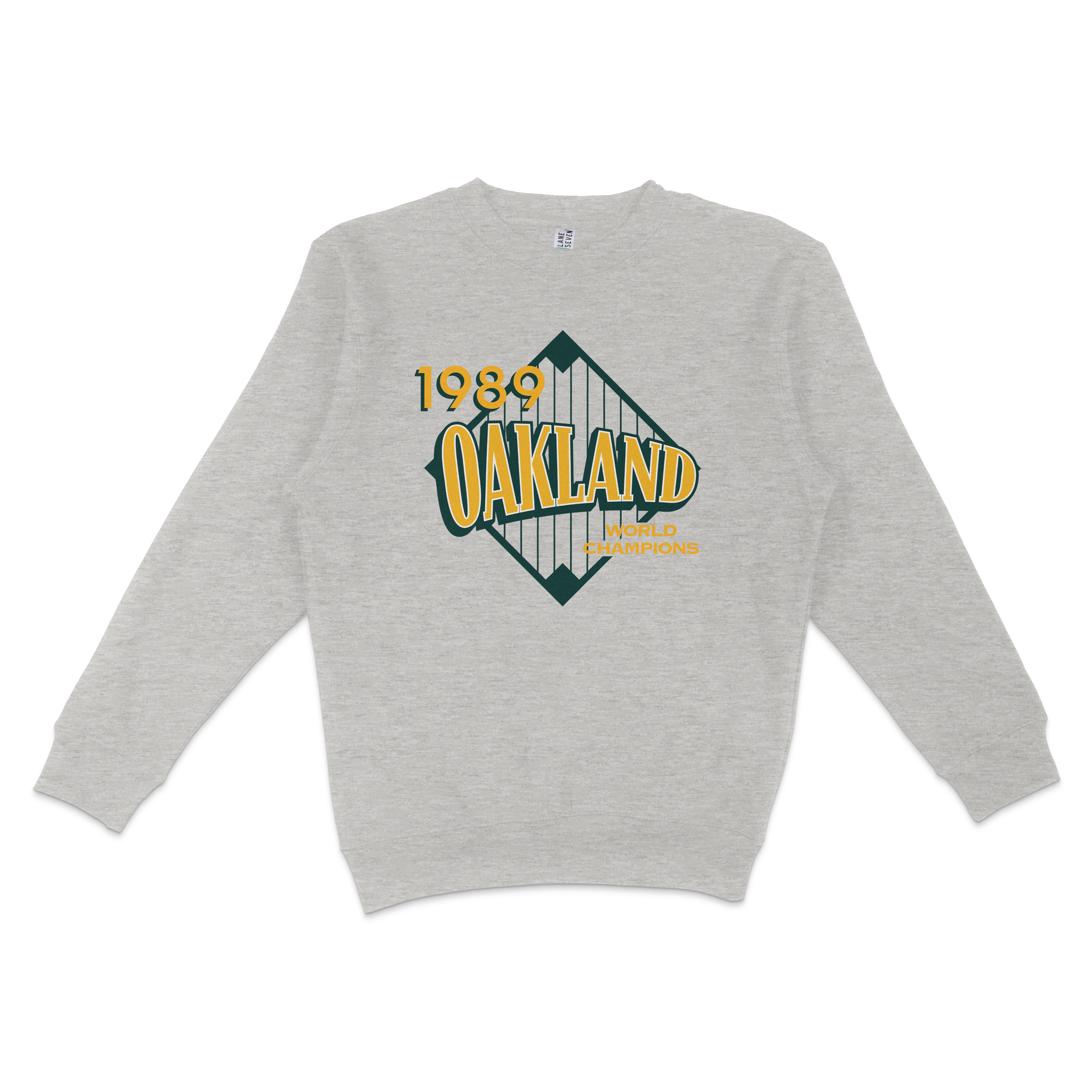 Gray crewneck sweatshirt featuring a vintage Oakland 1989 World Champions graphic with a bridge design and bold yellow and green text.