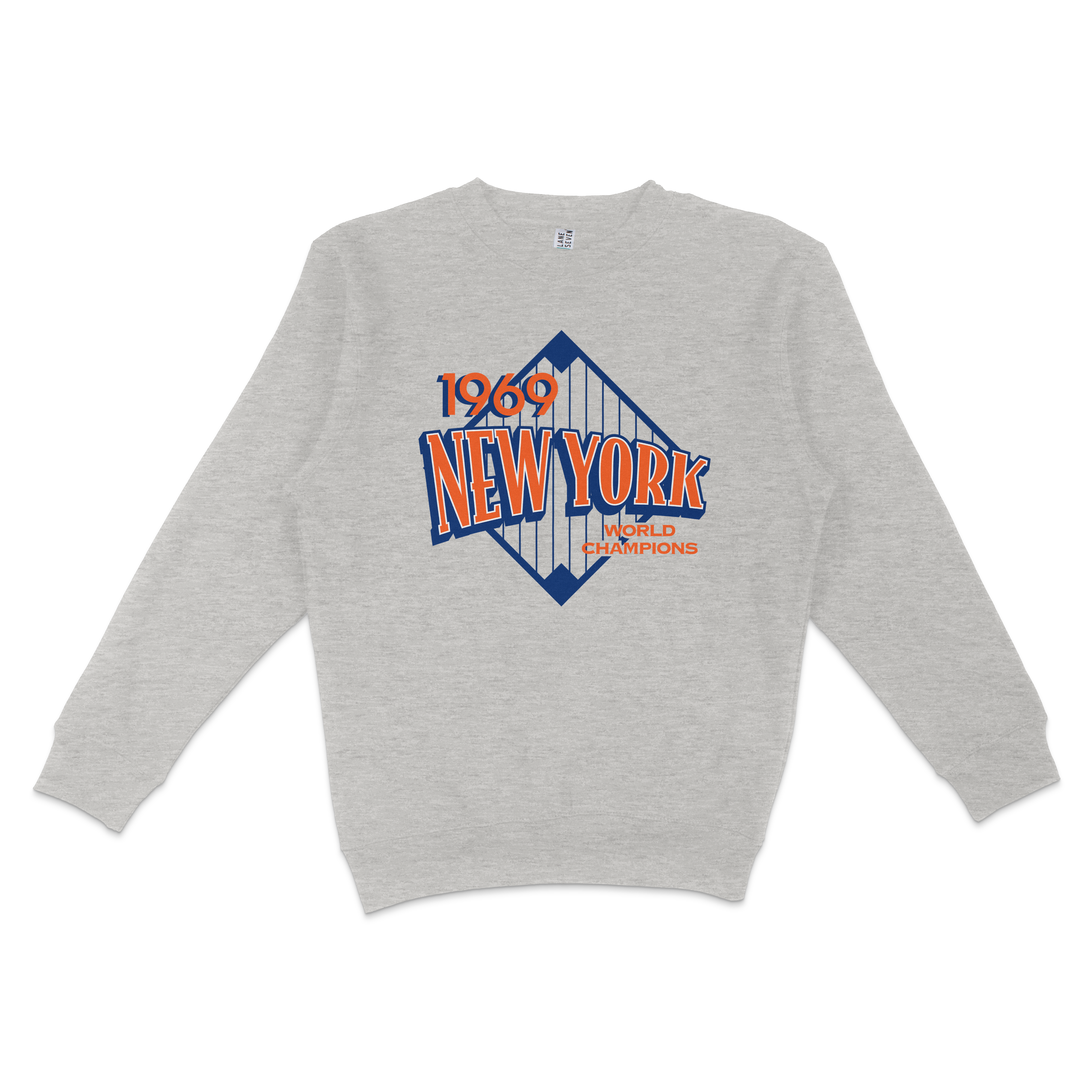 Gray crewneck sweatshirt featuring a vintage New York City graphic with "1969" and "World Champions" text.