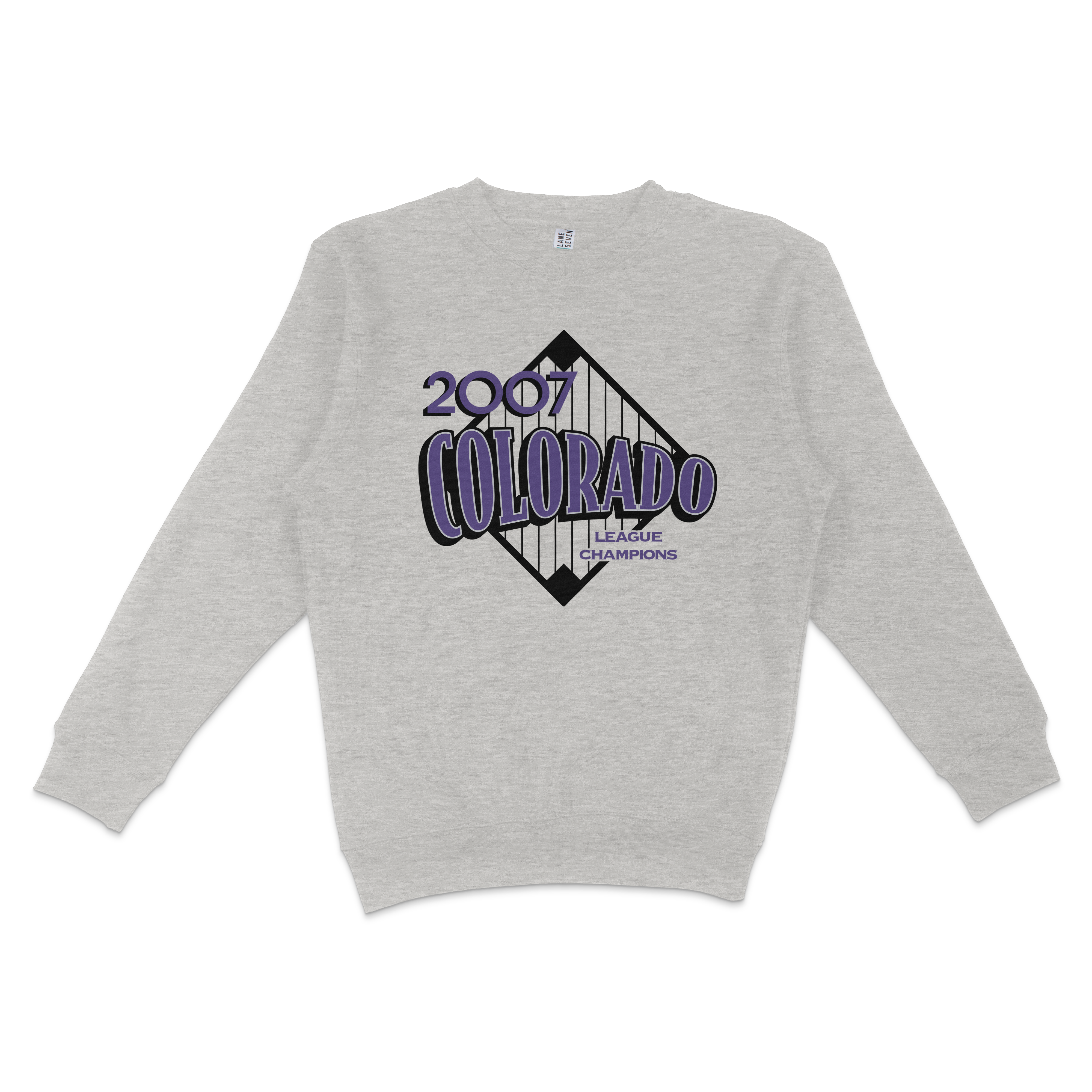 Gray crewneck sweatshirt featuring a vintage-style Colorado 2007 league champions graphic with purple and black text and design.