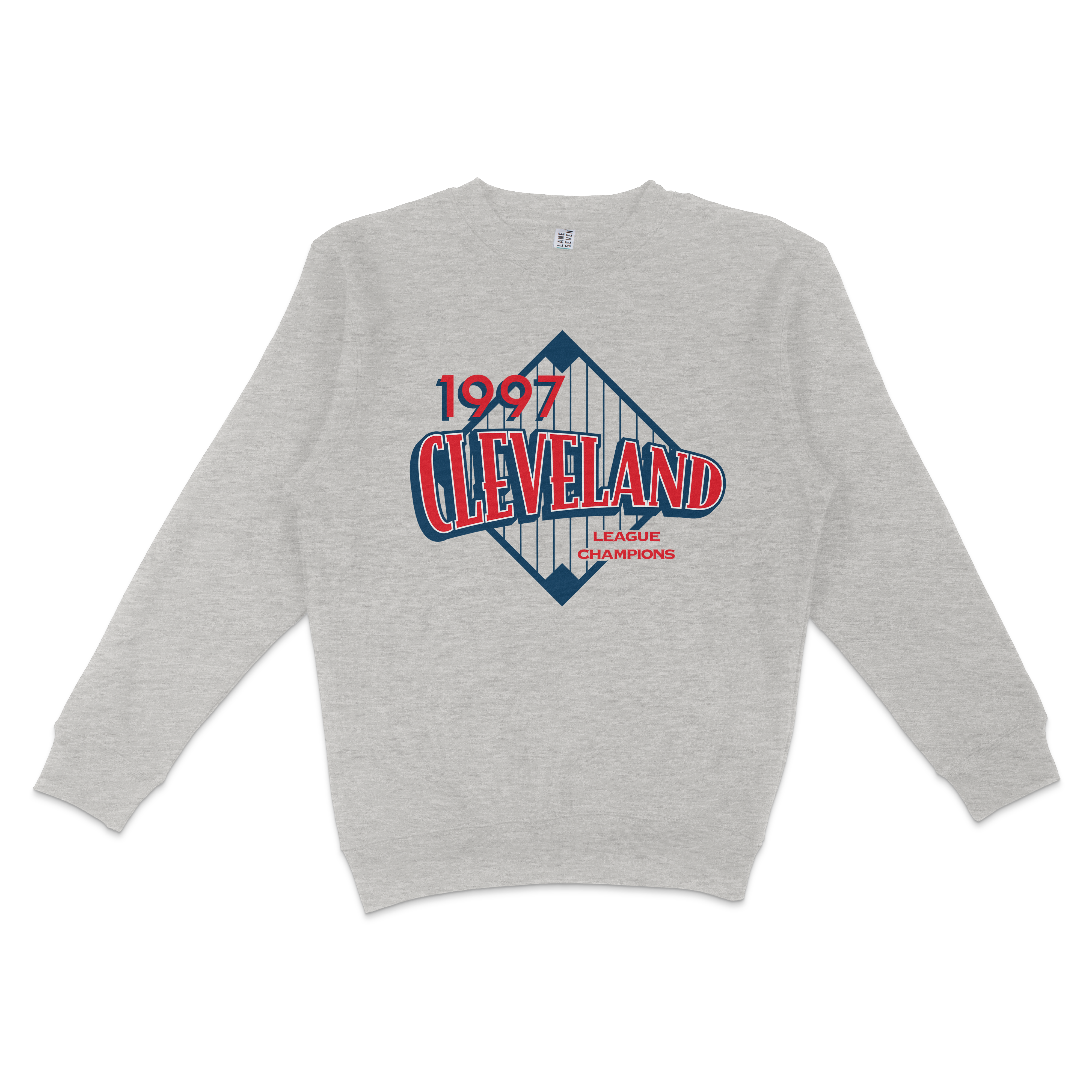 Gray crewneck sweatshirt featuring a vintage Cleveland Cavaliers design with "1997" and "League Champions" text.