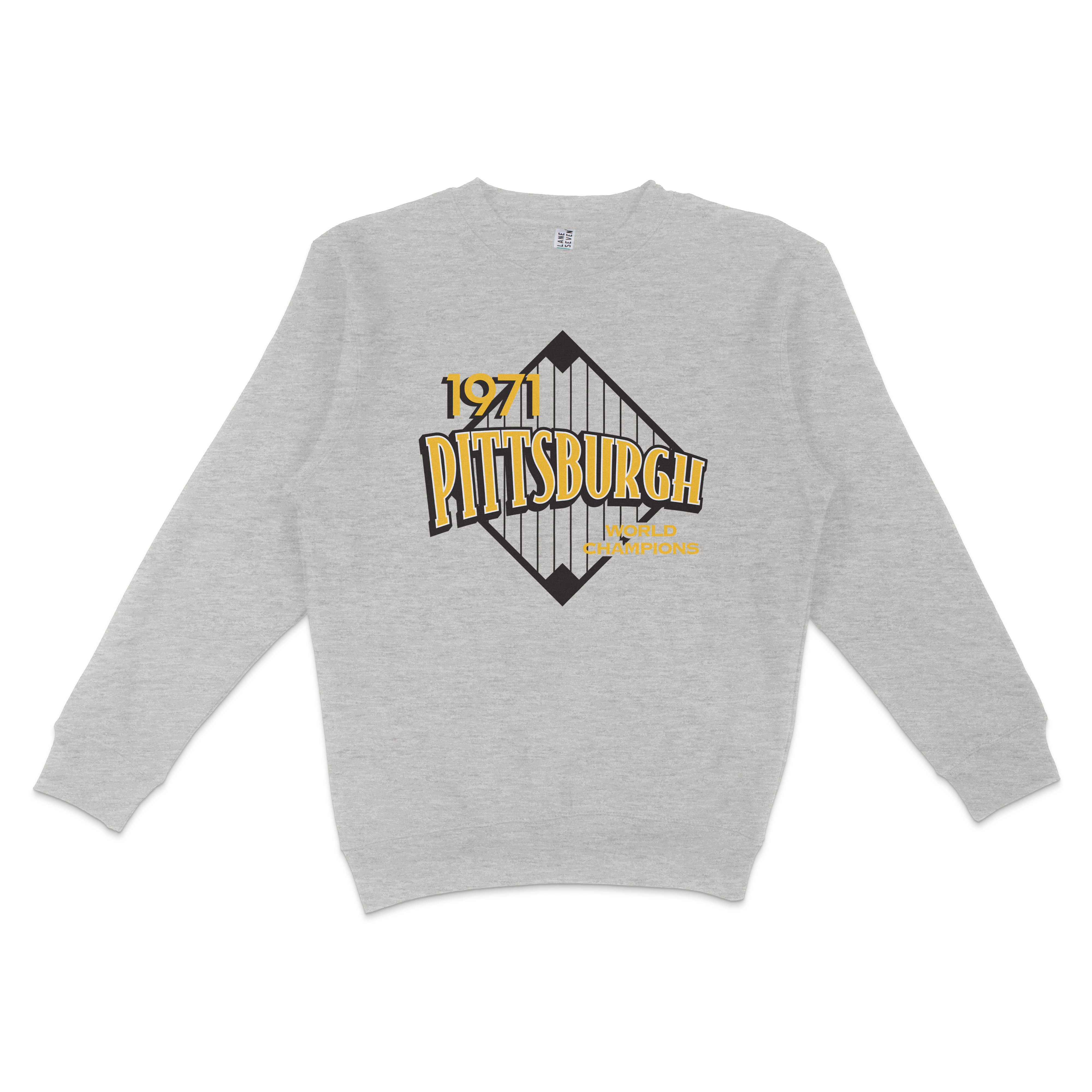 Gray crewneck sweatshirt featuring a vintage Pittsburgh 1971 World Champions graphic with a diamond-shaped design.
