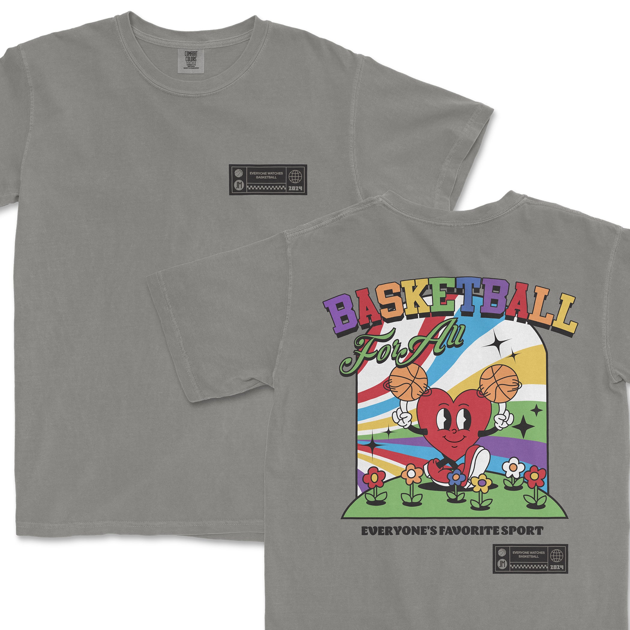 Gray Comfort Colors T-shirt featuring colorful "Basketball For All" graphic with a heart character holding basketballs, flowers, and rainbow background.