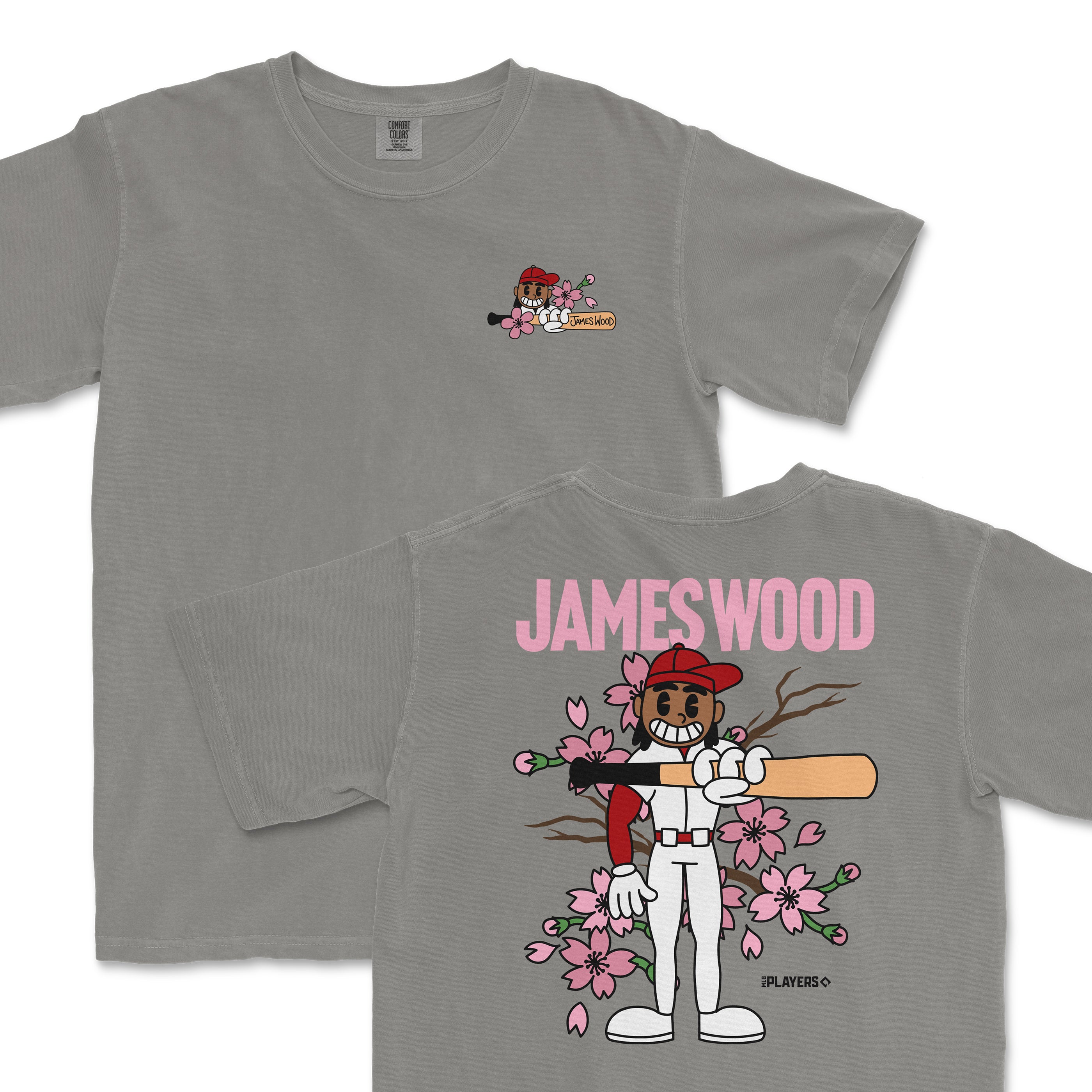 Gray t-shirt featuring a cartoon character holding a paintbrush with cherry blossoms, and "JAMES WOOD" printed on the back.